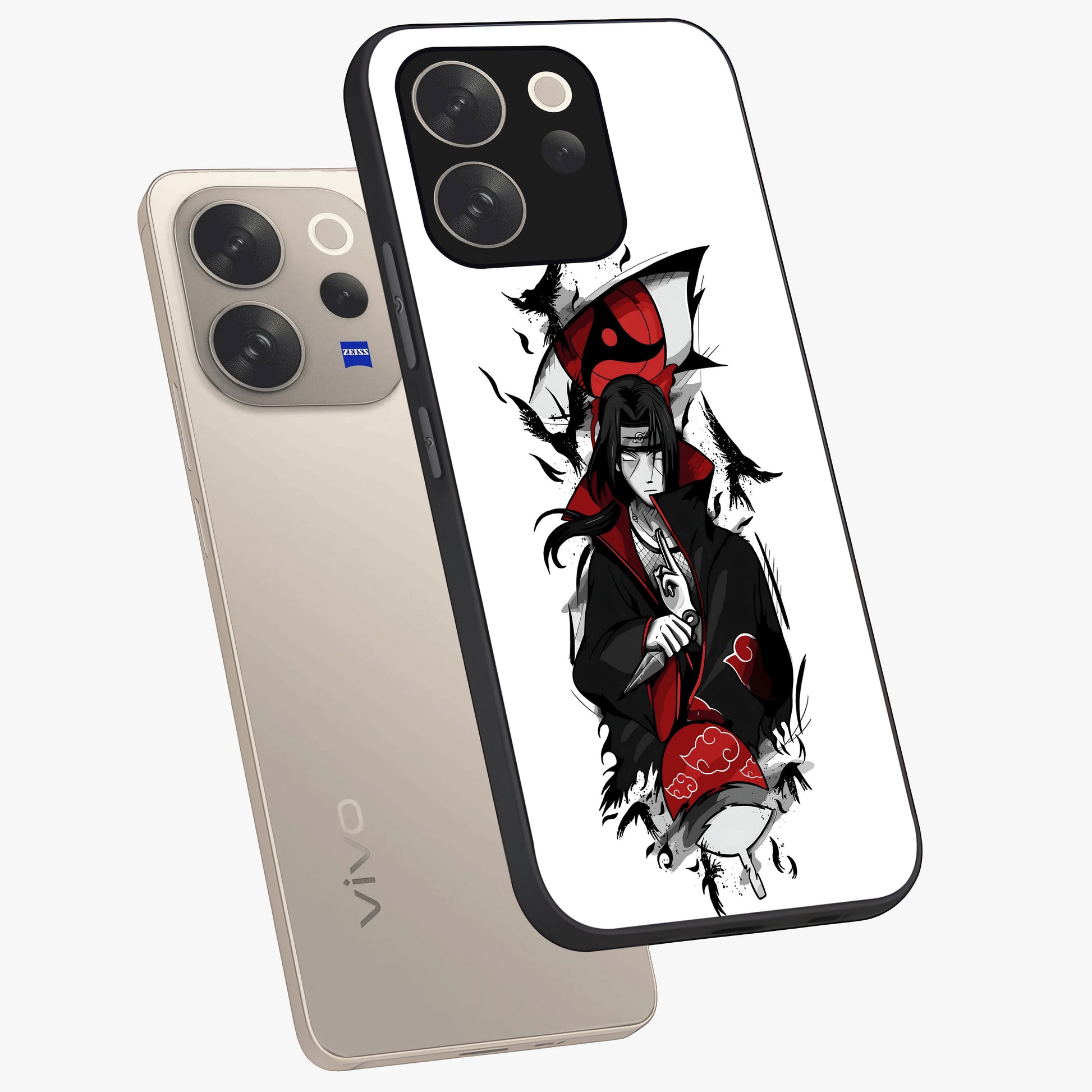 Itachi Limited Edition Naruto Anime Glass Case displayed in angled mockup highlighting dramatic anime illustration with bold action aesthetic.