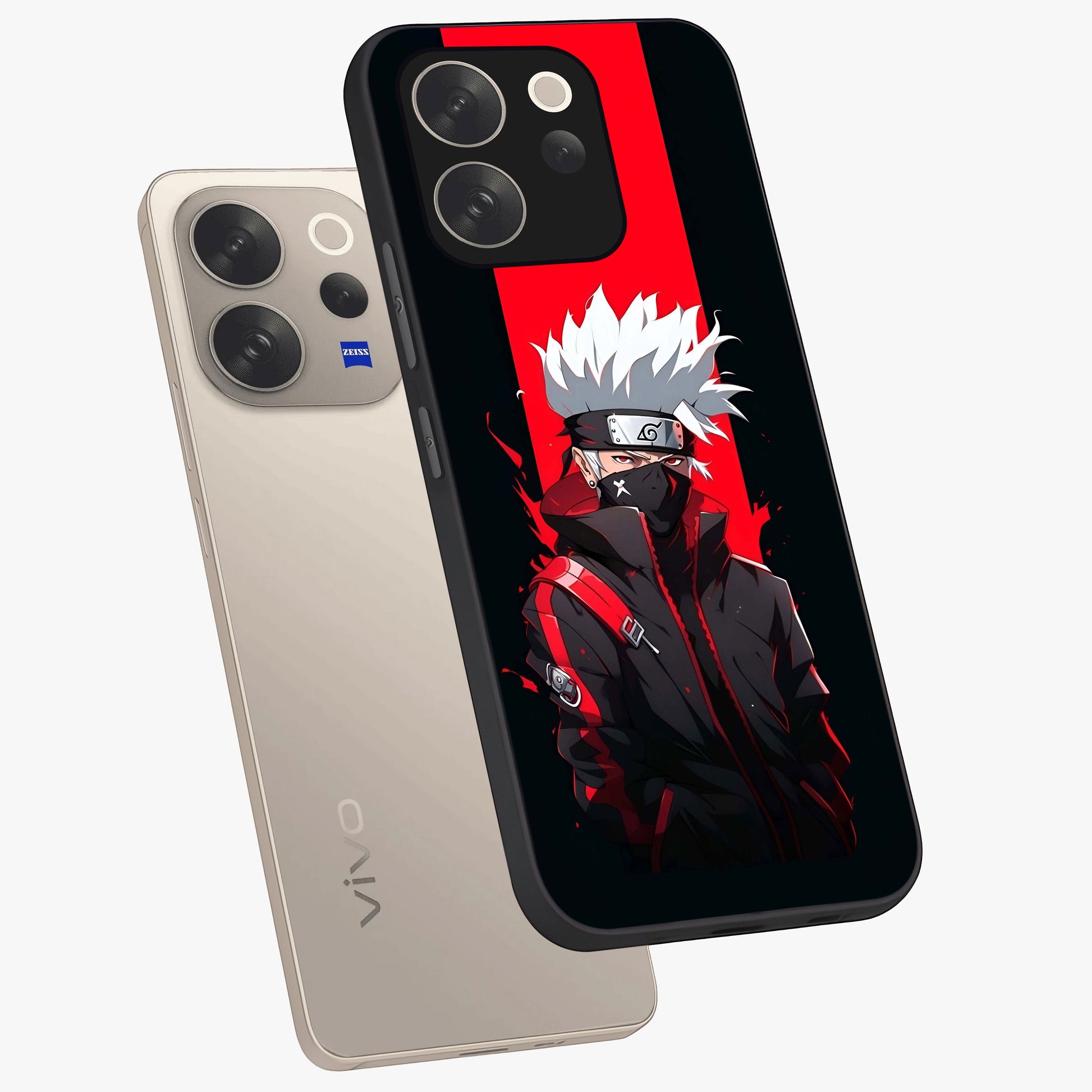 Kakashi Scarlet Shadow Glass Case displayed in angled mockup highlighting dramatic ninja illustration with scarlet themed aesthetic.