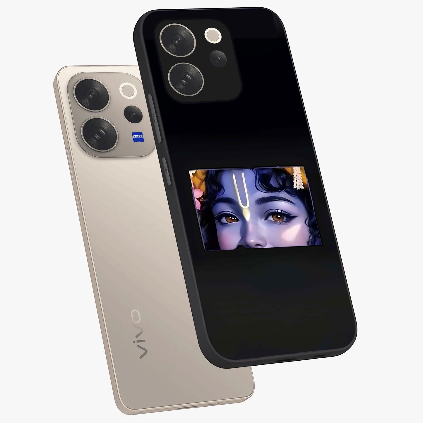 Krishna Divine Embrace Glass Case displayed in angled mockup highlighting divine Krishna illustration with spiritual aesthetic.