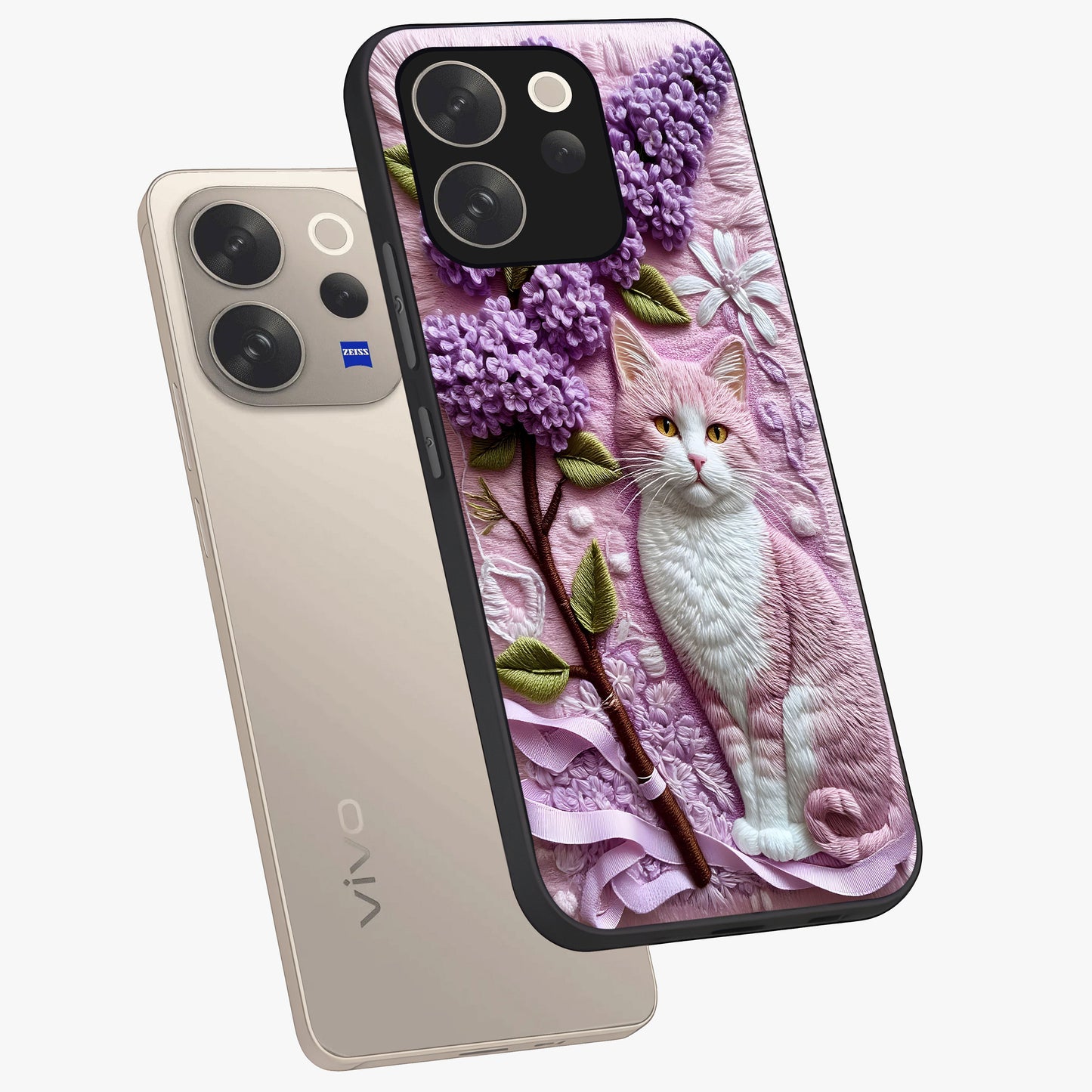 Lavender Cat Whimsy Glass Case displayed in angled mockup highlighting playful feline illustration with pastel lavender aesthetic.
