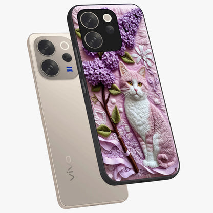 Lavender Cat Whimsy Glass Case displayed in angled mockup highlighting playful feline illustration with pastel lavender aesthetic.