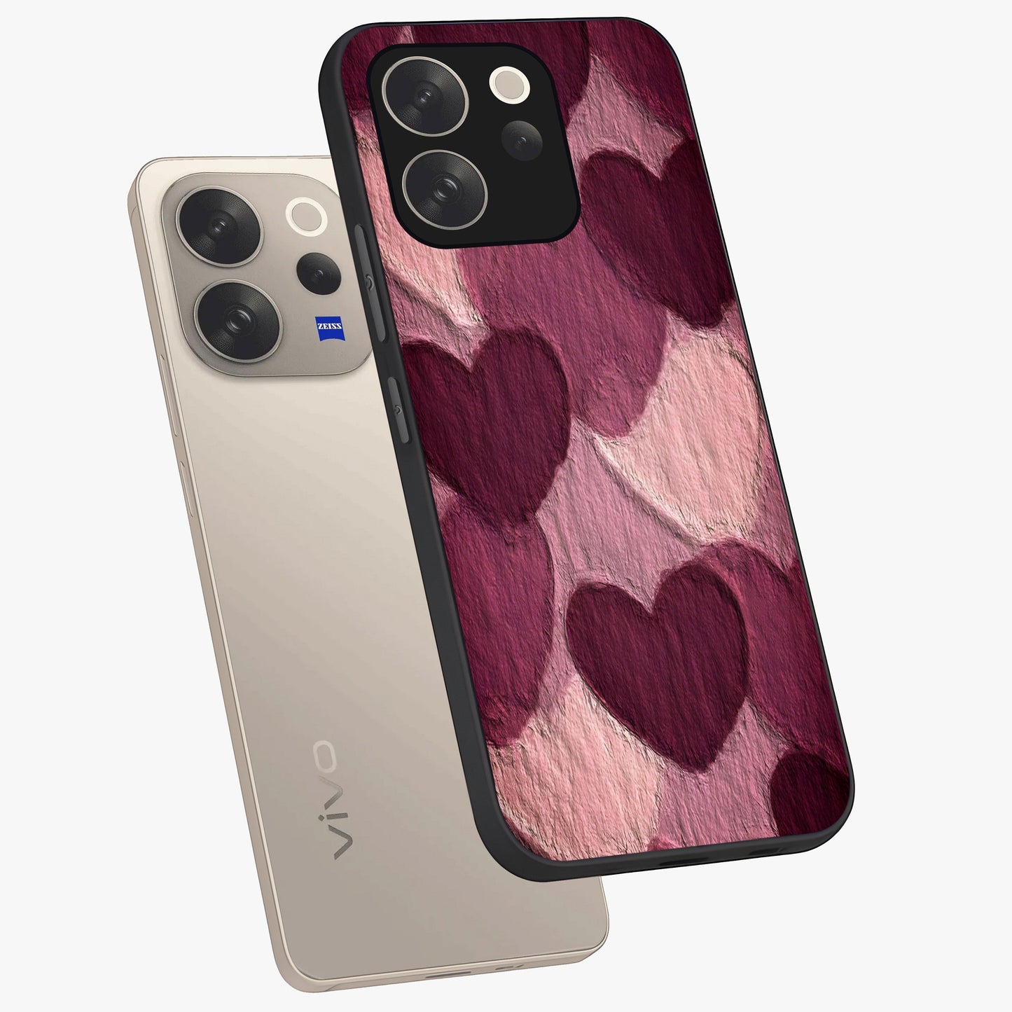 Layered Paper Hearts Glass Case displayed in angled mockup highlighting creative paper craft heart design with romantic aesthetic.