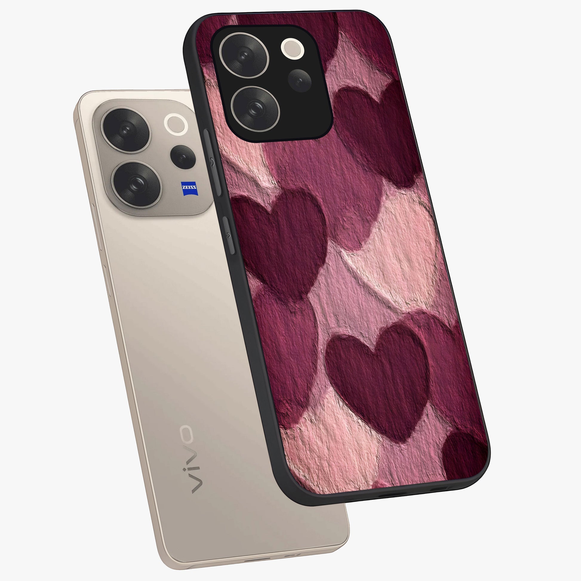 Layered Paper Hearts Glass Case displayed in angled mockup highlighting creative paper craft heart design with romantic aesthetic.