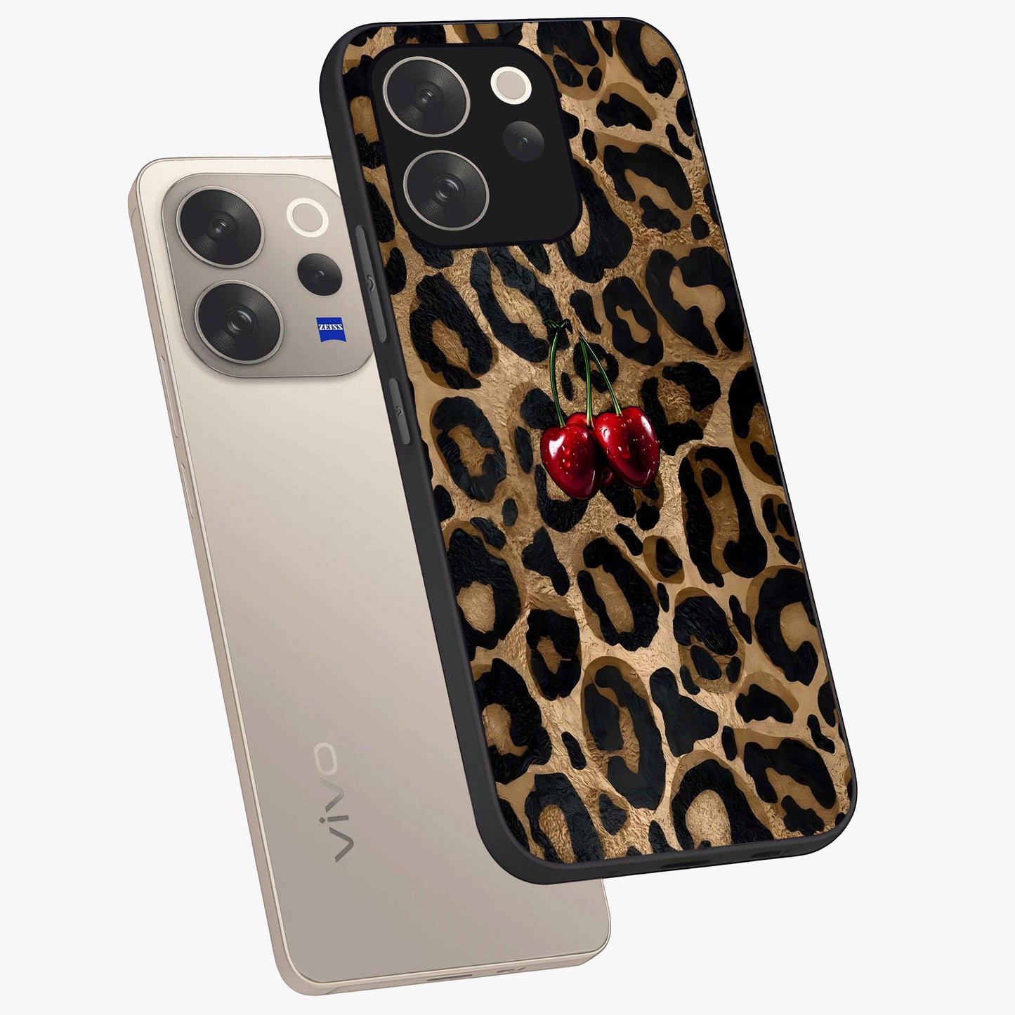 Leopard Wild Cherry Glass Case displayed in angled mockup highlighting bold animal print design with playful cherry aesthetic.