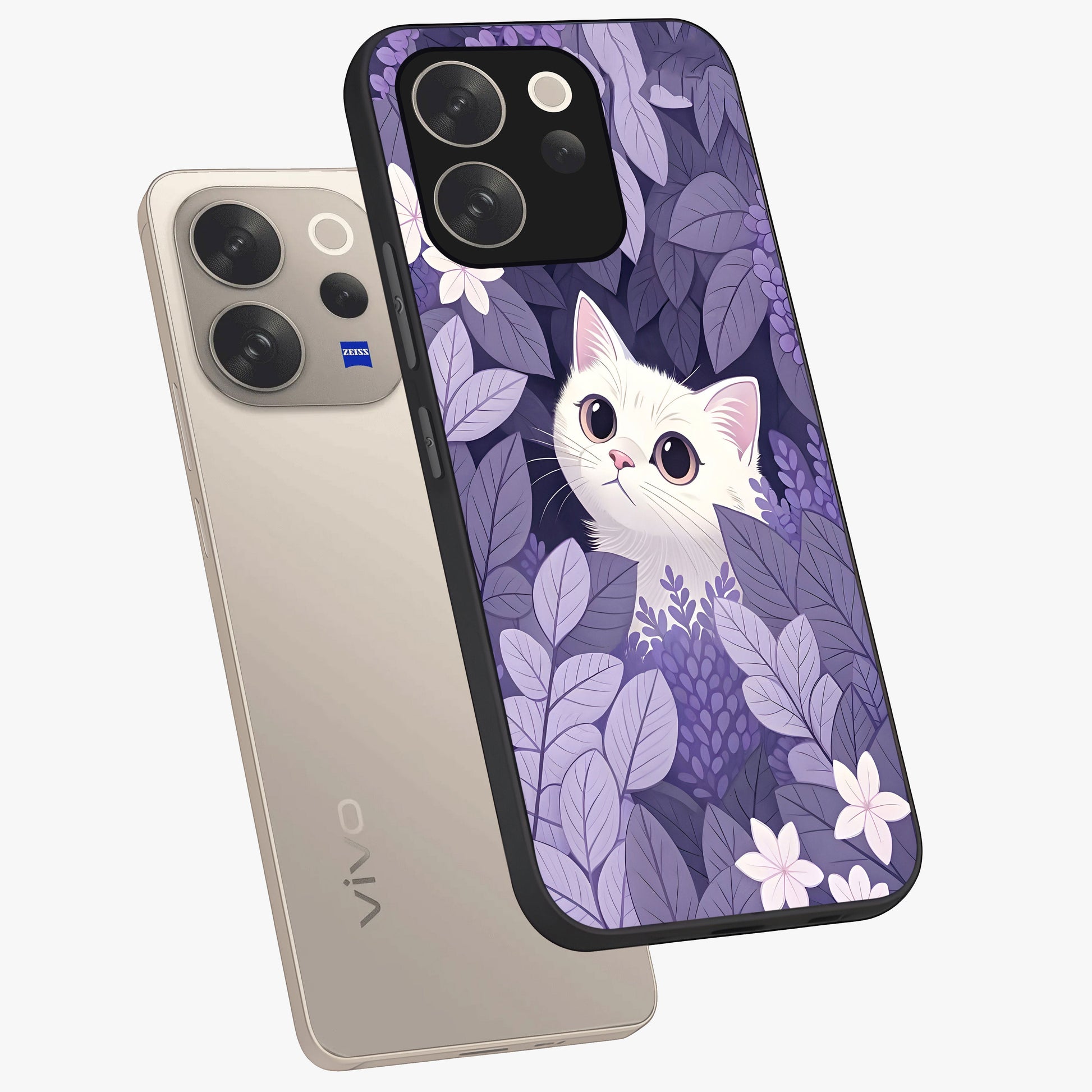 Lilac Hide Peek Cat Glass Case displayed in angled mockup highlighting playful feline illustration with lilac aesthetic design.