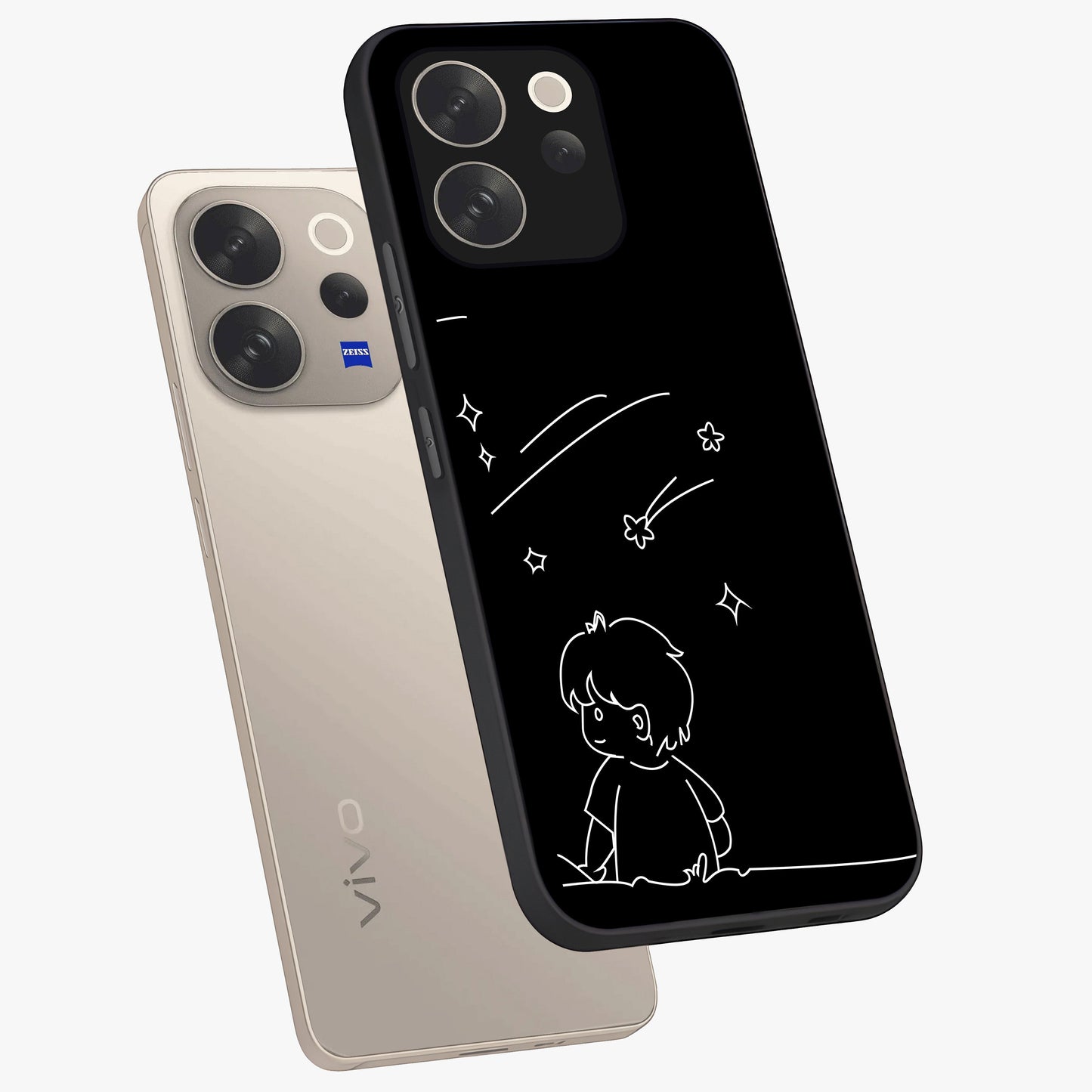 Line Art Boy With Shooting Stars Glass Case displayed in angled mockup highlighting elegant line art design with dreamy star aesthetic.