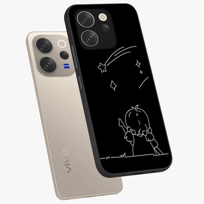 Line Art Girl With Shooting Stars Glass Case displayed in angled mockup highlighting elegant line art design with dreamy star aesthetic.