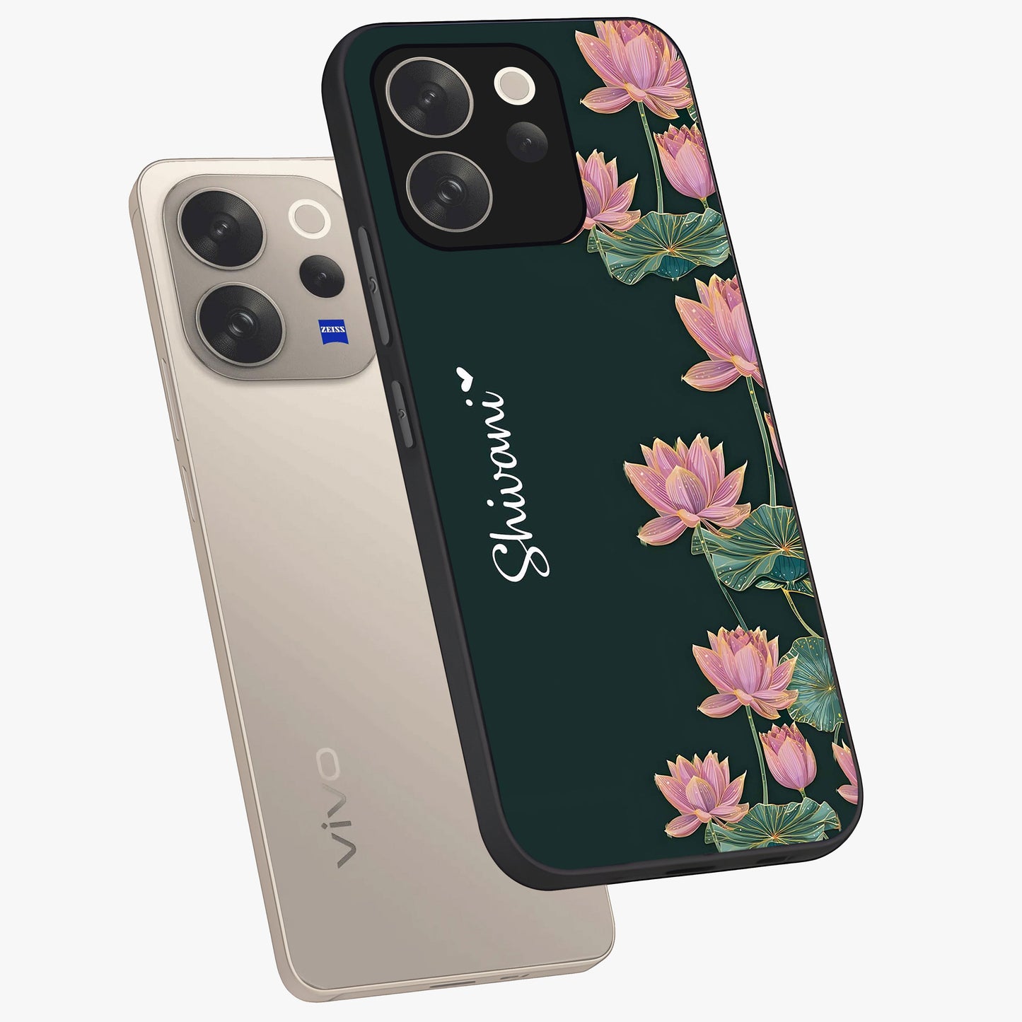 Lotus Bloom Serenity Custom Name Glass Case displayed in angled mockup highlighting graceful lotus illustration with custom name feature.