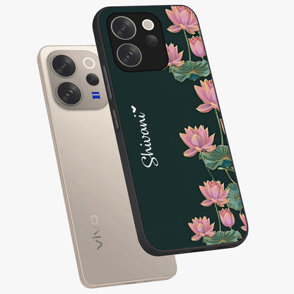 Lotus Bloom Serenity Custom Name Glass Case displayed in angled mockup highlighting graceful lotus illustration with custom name feature.