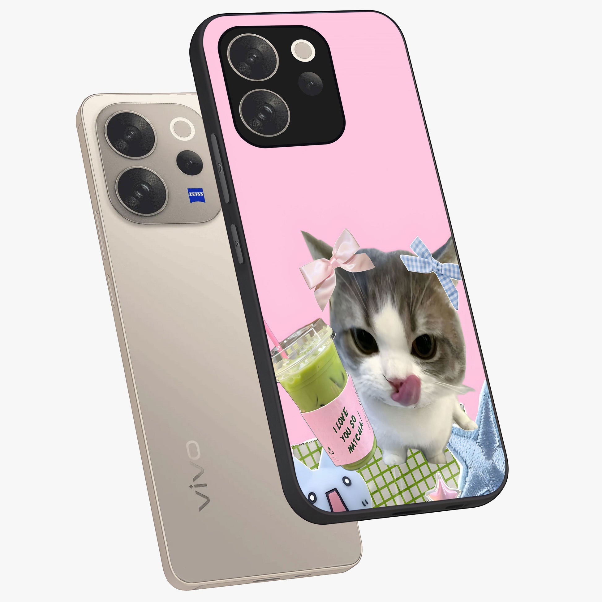Love Matcha Cat Glass Case displayed in angled mockup highlighting playful feline illustration with cozy matcha aesthetic.