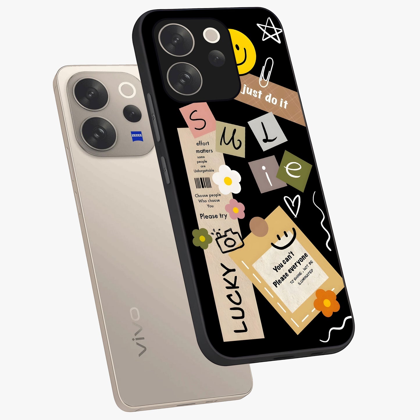 Lucky Aesthetic Collage Glass Case displayed in angled mockup highlighting stylish collage pattern with modern aesthetic vibe.