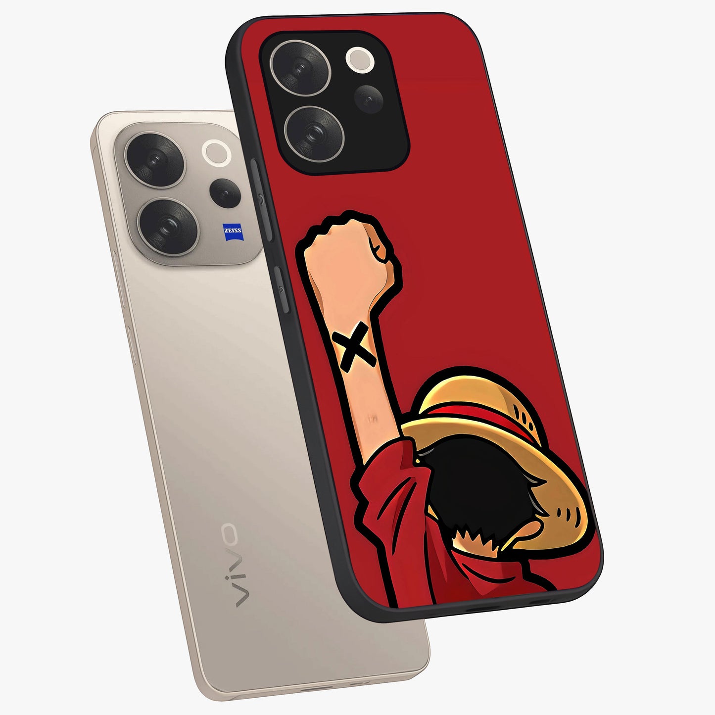 Luffy X Spirit Glass Case displayed in angled mockup highlighting powerful anime design with energetic action aesthetic.