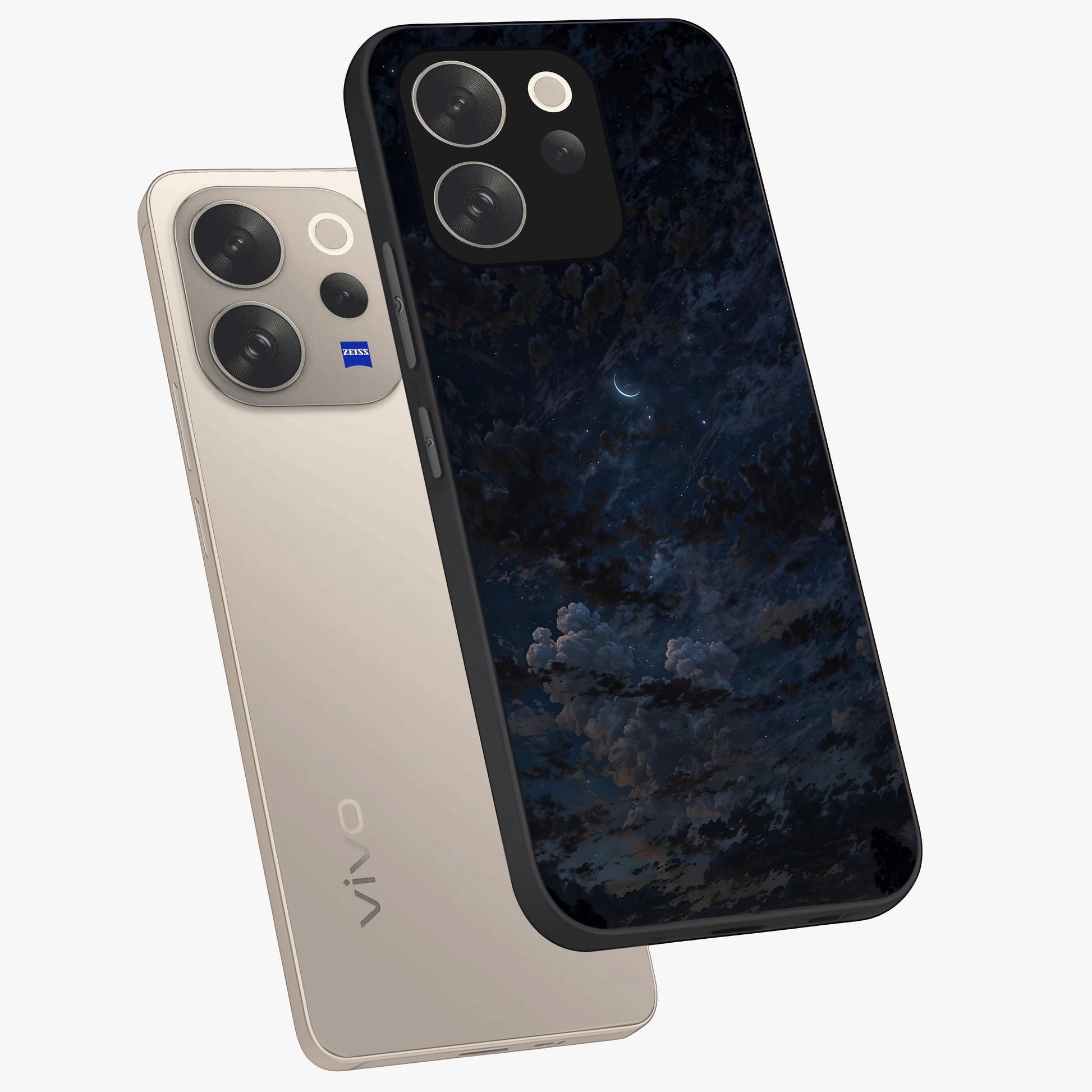 Lunar Veil Silence Glass Case displayed in angled mockup highlighting soft lunar design with peaceful celestial aesthetic.