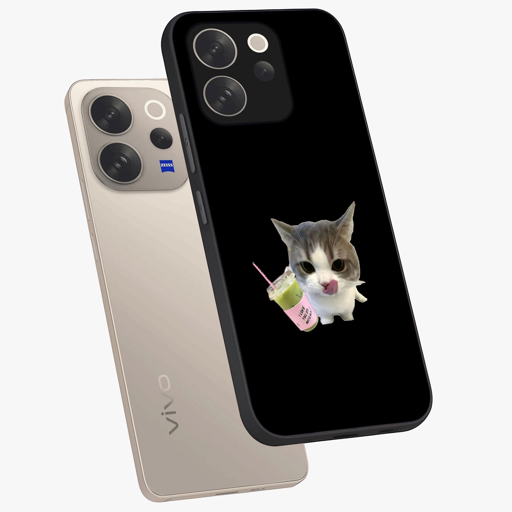 Matcha Cat Style Glass Case displayed in angled mockup highlighting playful feline design with pastel matcha aesthetic.
