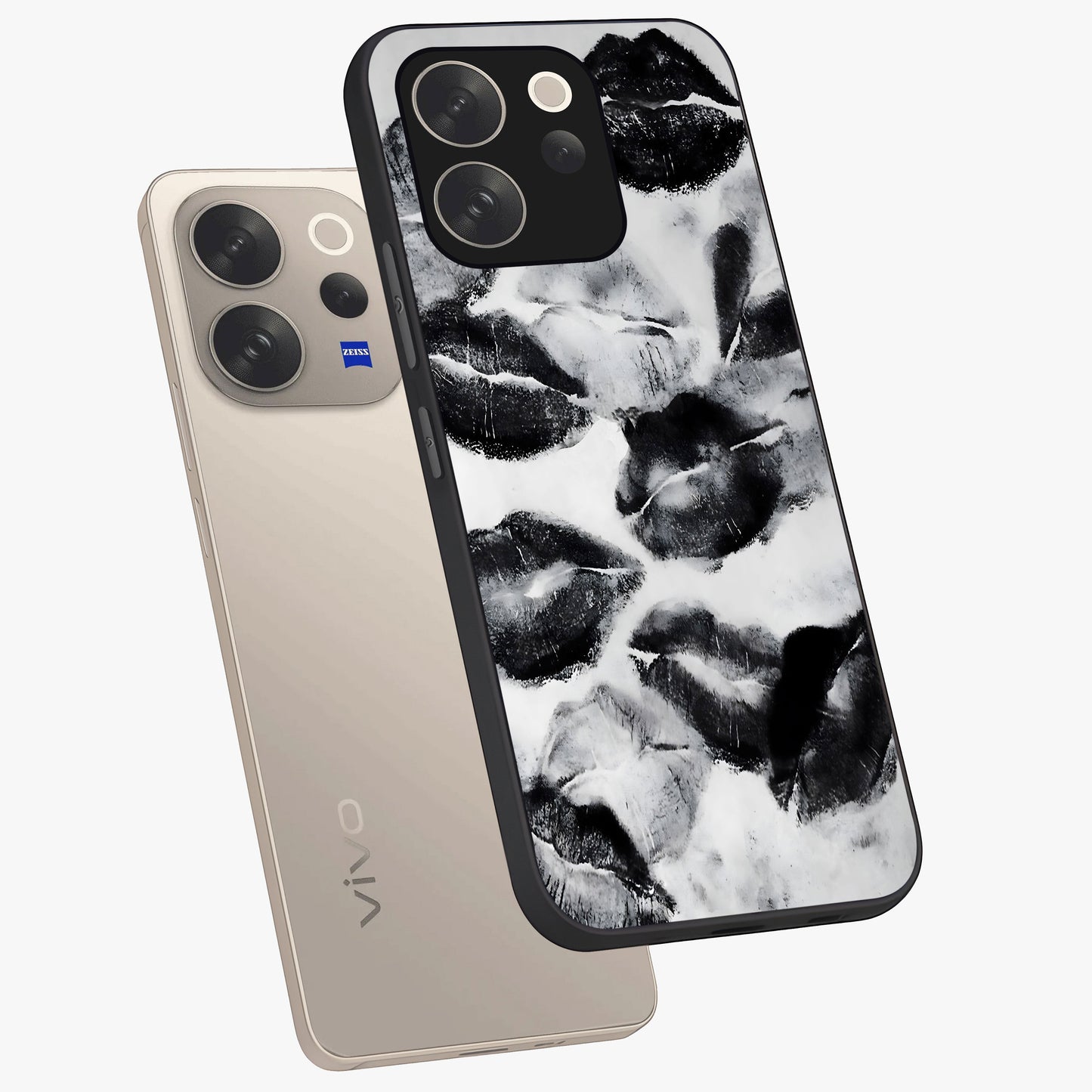 Midnight Kiss Marks Glass Case displayed in angled mockup highlighting playful romantic design with bold midnight aesthetic.
