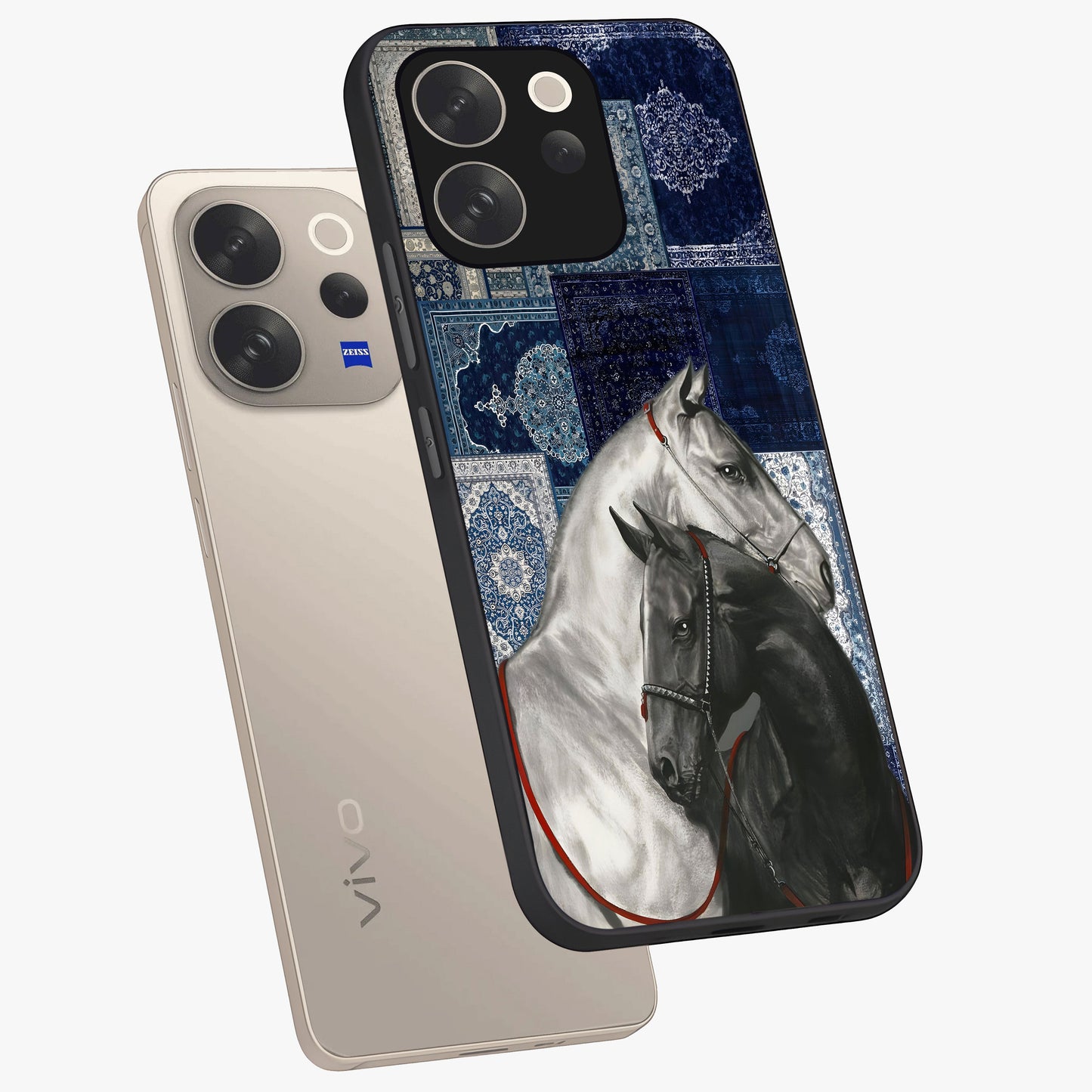Midnight Stallion Blues Glass Case displayed in angled mockup highlighting powerful stallion illustration with deep midnight tones.