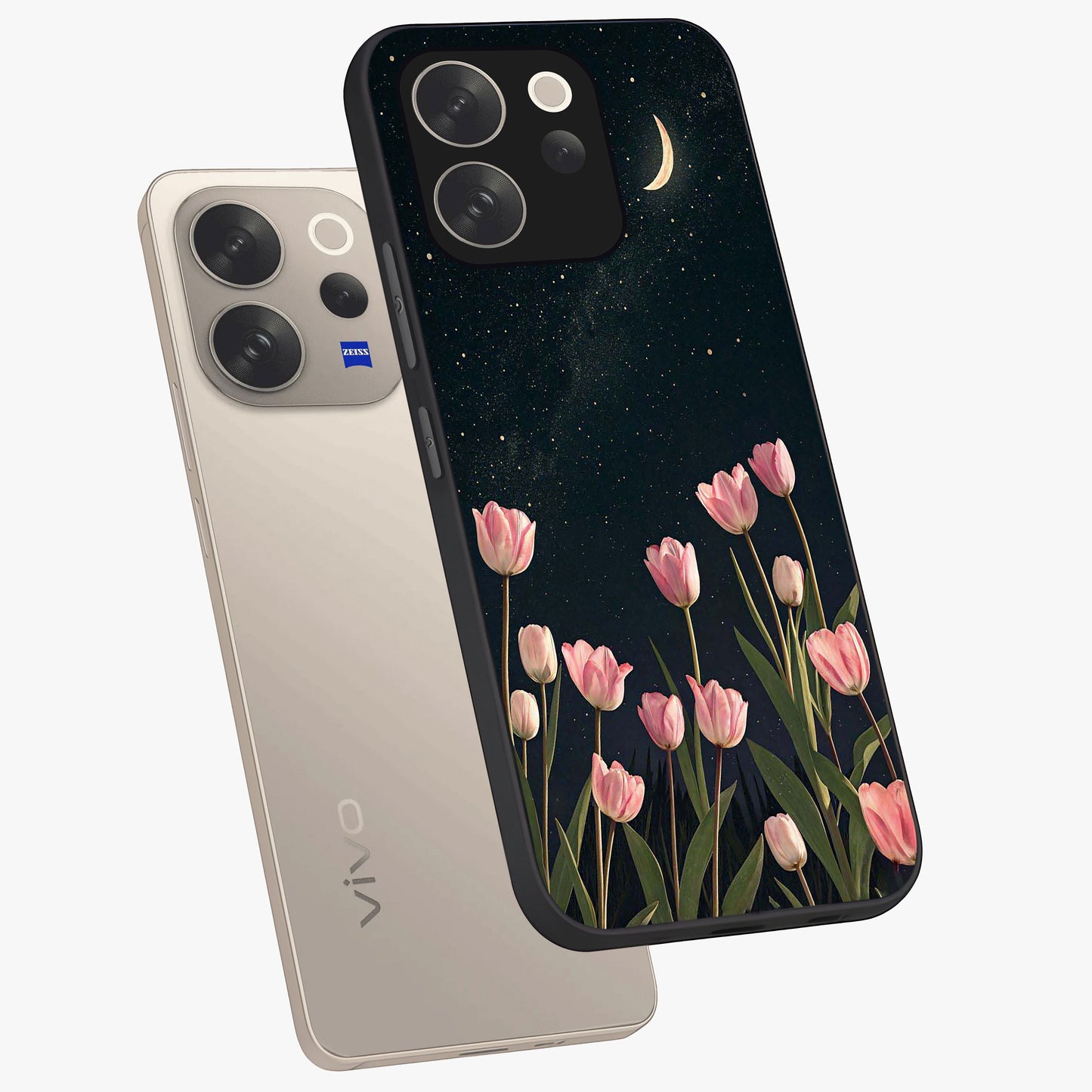 Midnight Tulip Whispers Vibe Glass Case displayed in angled mockup highlighting delicate tulip design with midnight floral aesthetic.