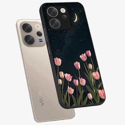 Midnight Tulip Whispers Vibe Glass Case displayed in angled mockup highlighting delicate tulip design with midnight floral aesthetic.
