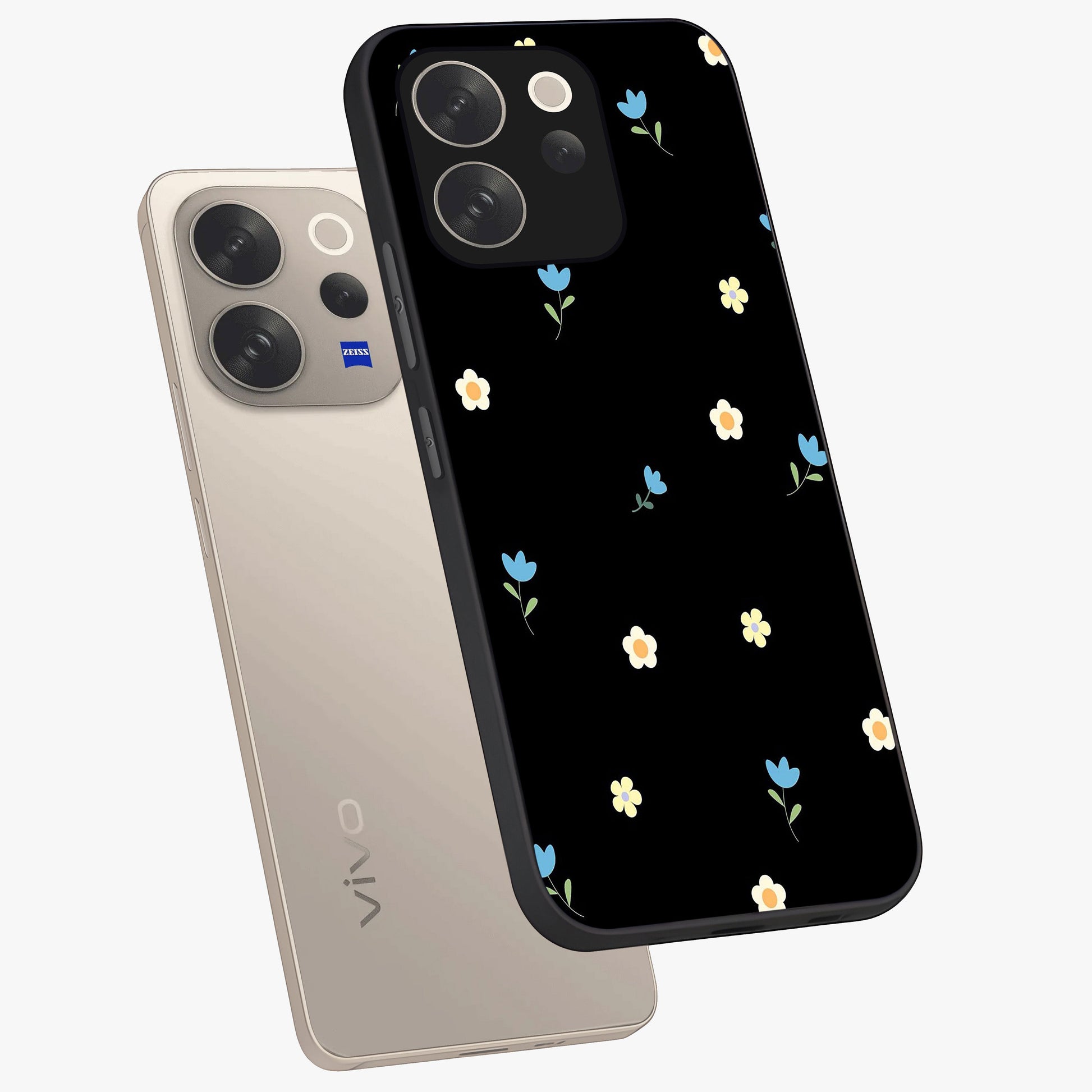 Minimal Petal Whispers Glass Case displayed in angled mockup highlighting delicate petal design with clean minimal aesthetic.