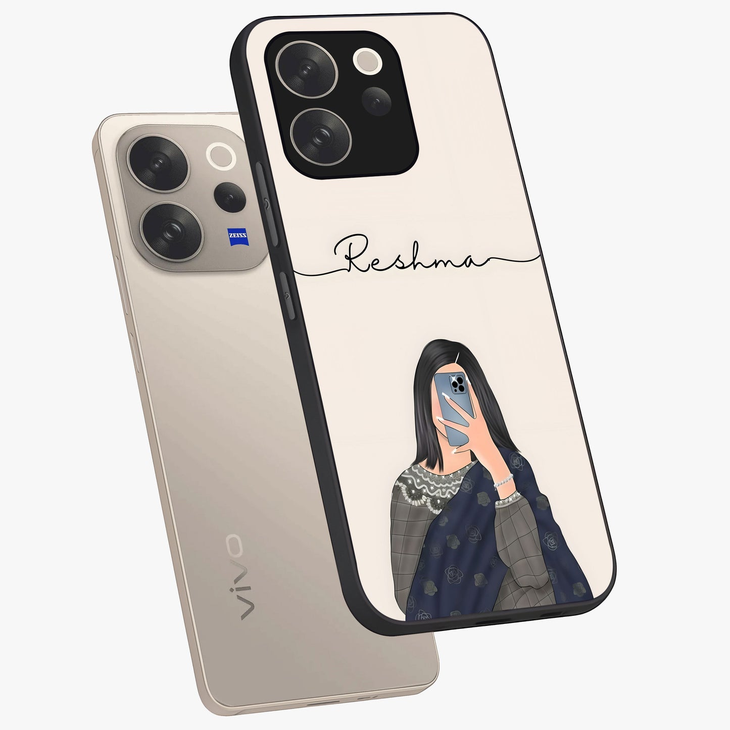 Mirror Mood Muse With Custom Name Glass Case displayed in angled mockup highlighting aesthetic mirror inspired design with custom name feature.