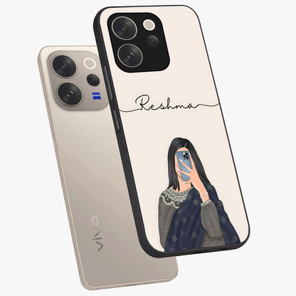 Mirror Mood Muse With Custom Name Glass Case displayed in angled mockup highlighting aesthetic mirror inspired design with custom name feature.