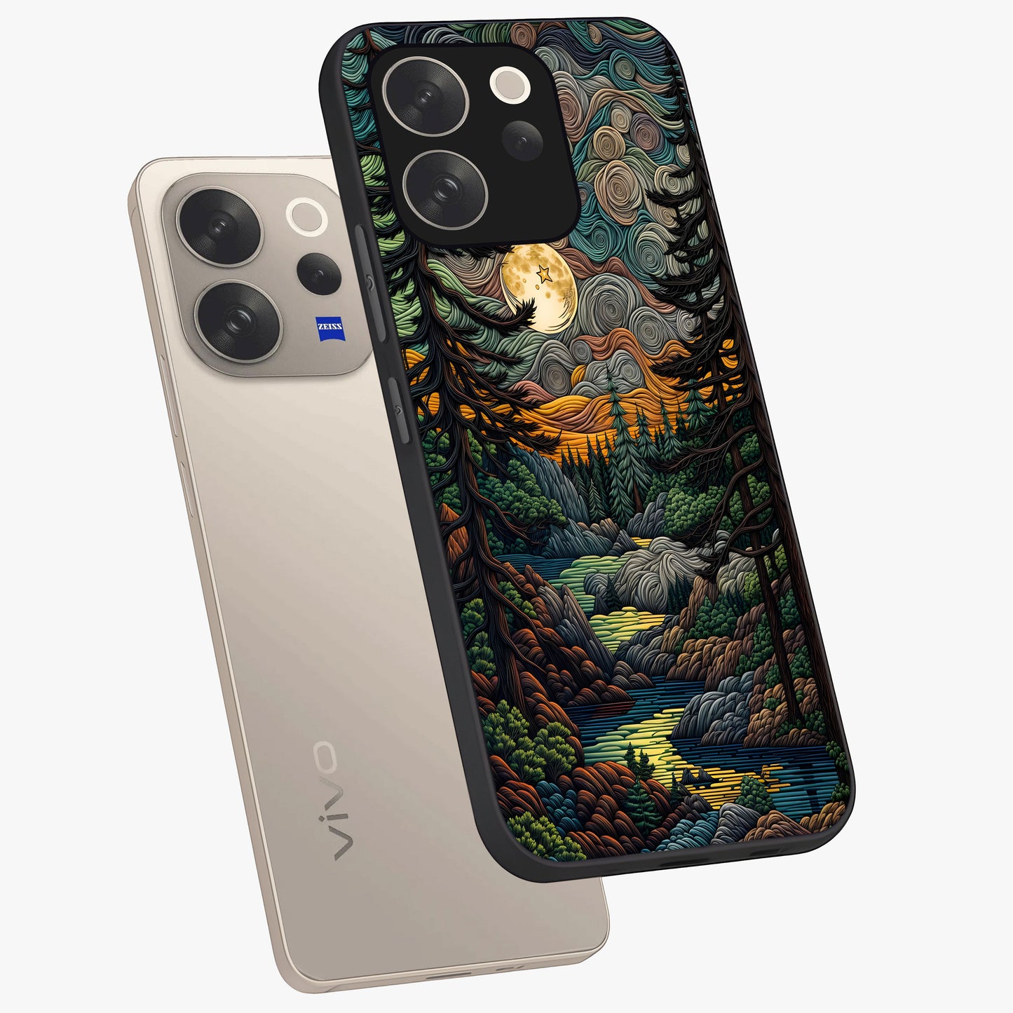 Moonlight Forest Dream Glass Case displayed in angled mockup highlighting dreamy forest design with glowing moon aesthetic.