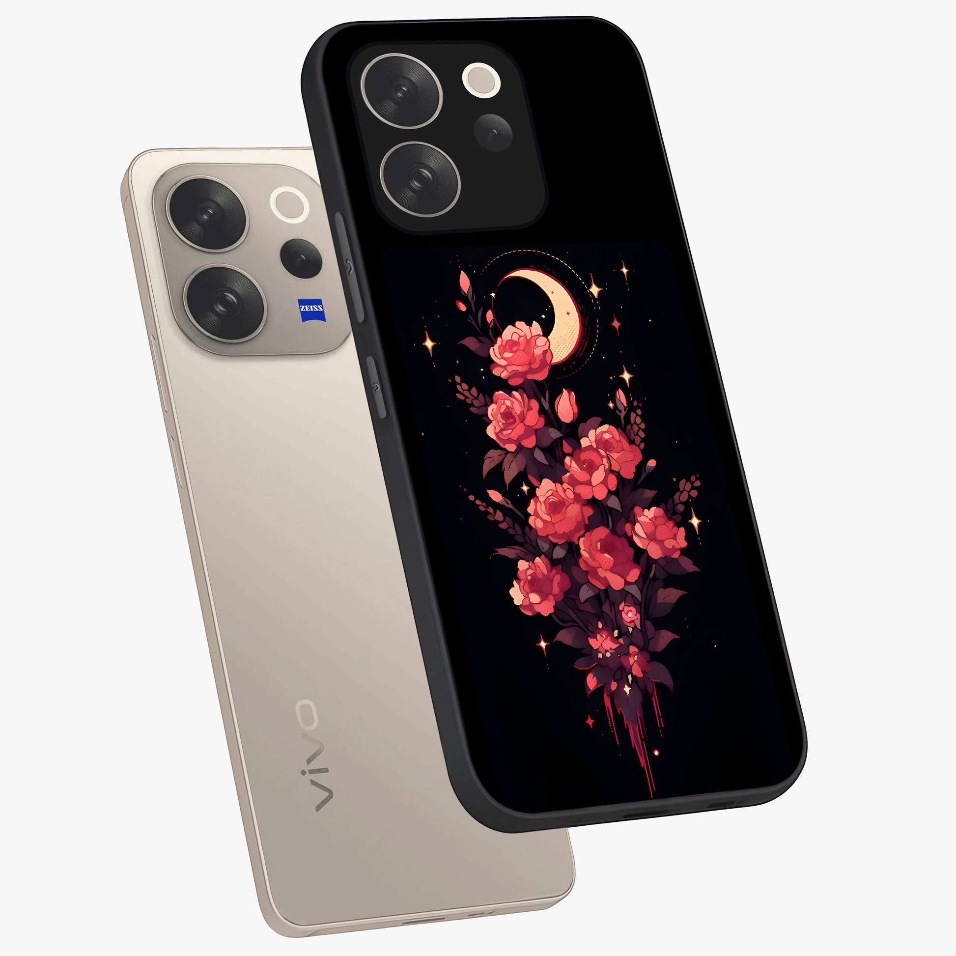 Moonlit Floral Elegance Glass Case displayed in angled mockup highlighting graceful flower design with soft moonlight aesthetic.