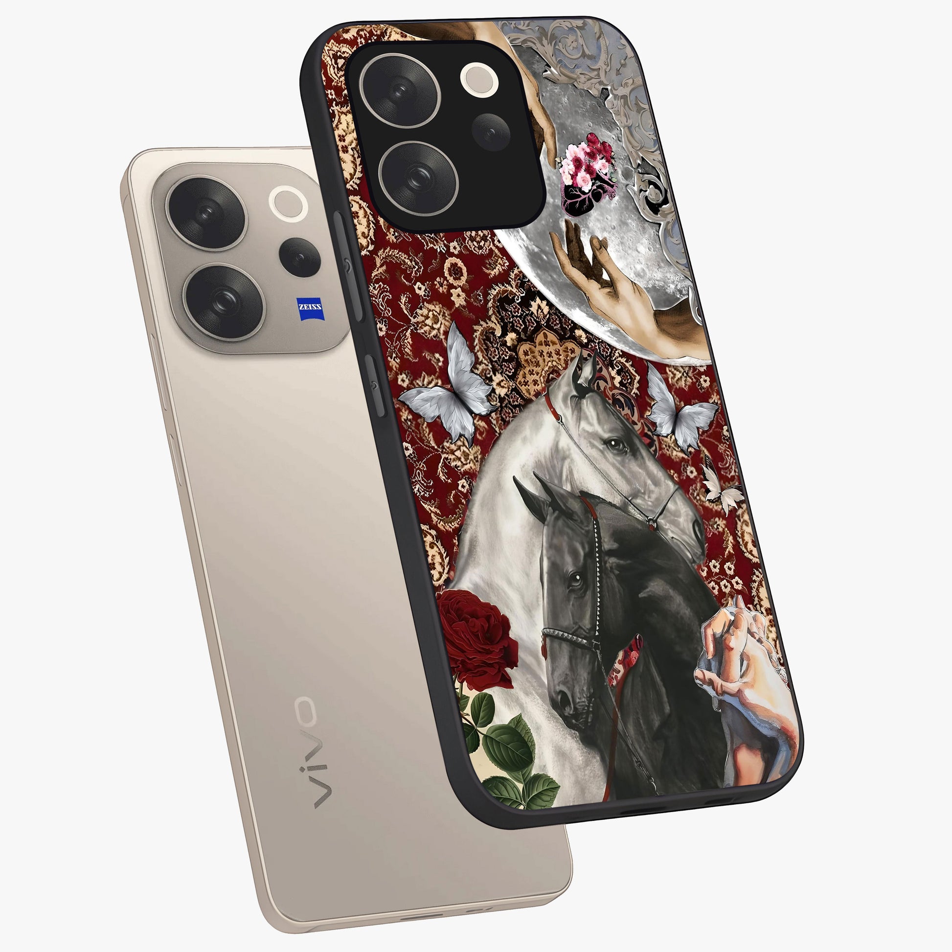 Moonlit Royal Stallion Glass Case displayed in angled mockup highlighting powerful stallion illustration with royal night aesthetic.