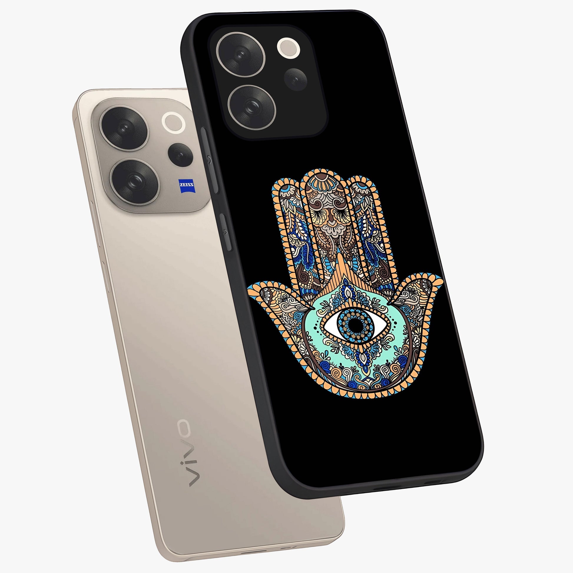Mystic Hamsa Eye Glass Case displayed in angled mockup highlighting spiritual hamsa symbol with mystical aesthetic style.