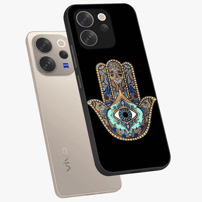 Mystic Hamsa Eye Glass Case displayed in angled mockup highlighting spiritual hamsa symbol with mystical aesthetic style.