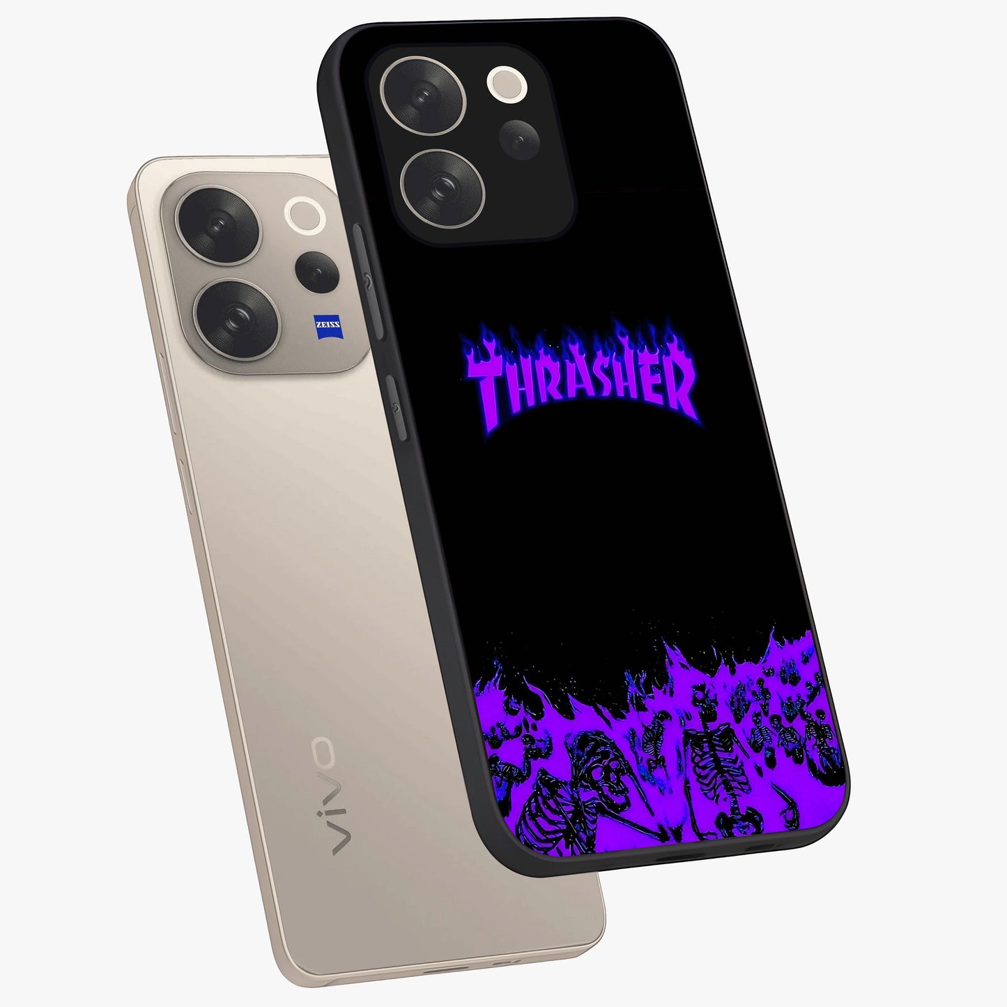 Neon Flame Riot Glass Case displayed in angled mockup highlighting glowing flame design with vibrant neon aesthetic.