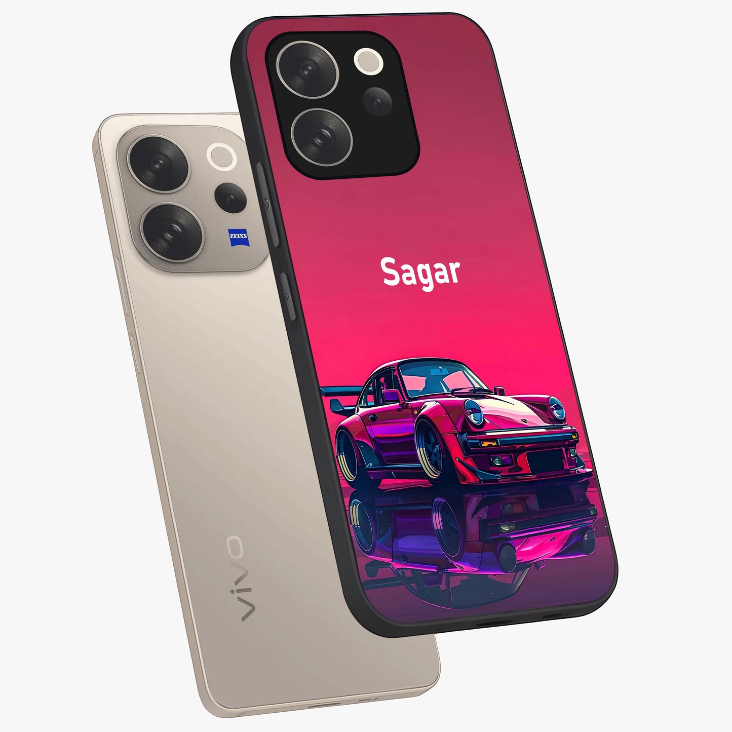 Neon Pink Porsche Glass Case displayed in angled mockup highlighting sleek neon pink car design with racing aesthetic.
