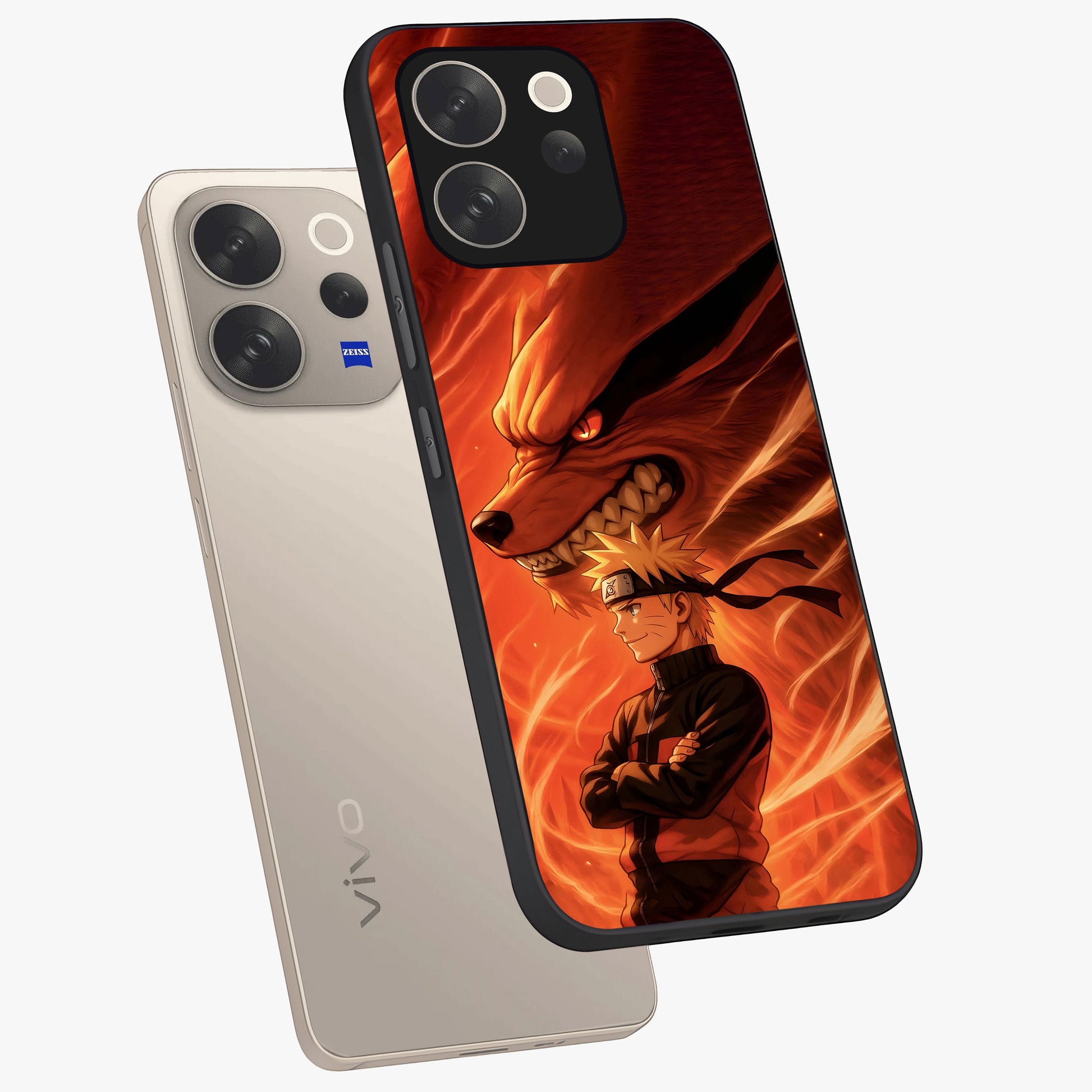 Nine Tails Legacy Glass Case displayed in angled mockup highlighting dynamic anime beast illustration with bold mystical aesthetic.