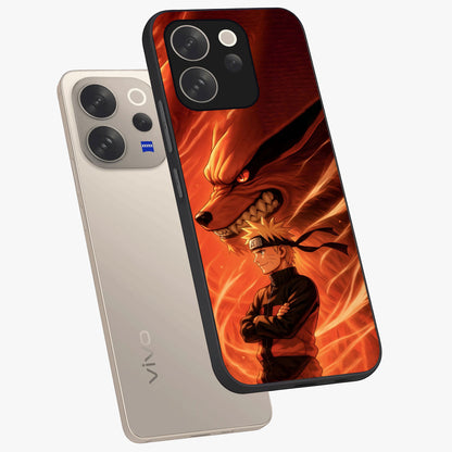 Nine Tails Legacy Glass Case displayed in angled mockup highlighting dynamic anime beast illustration with bold mystical aesthetic.