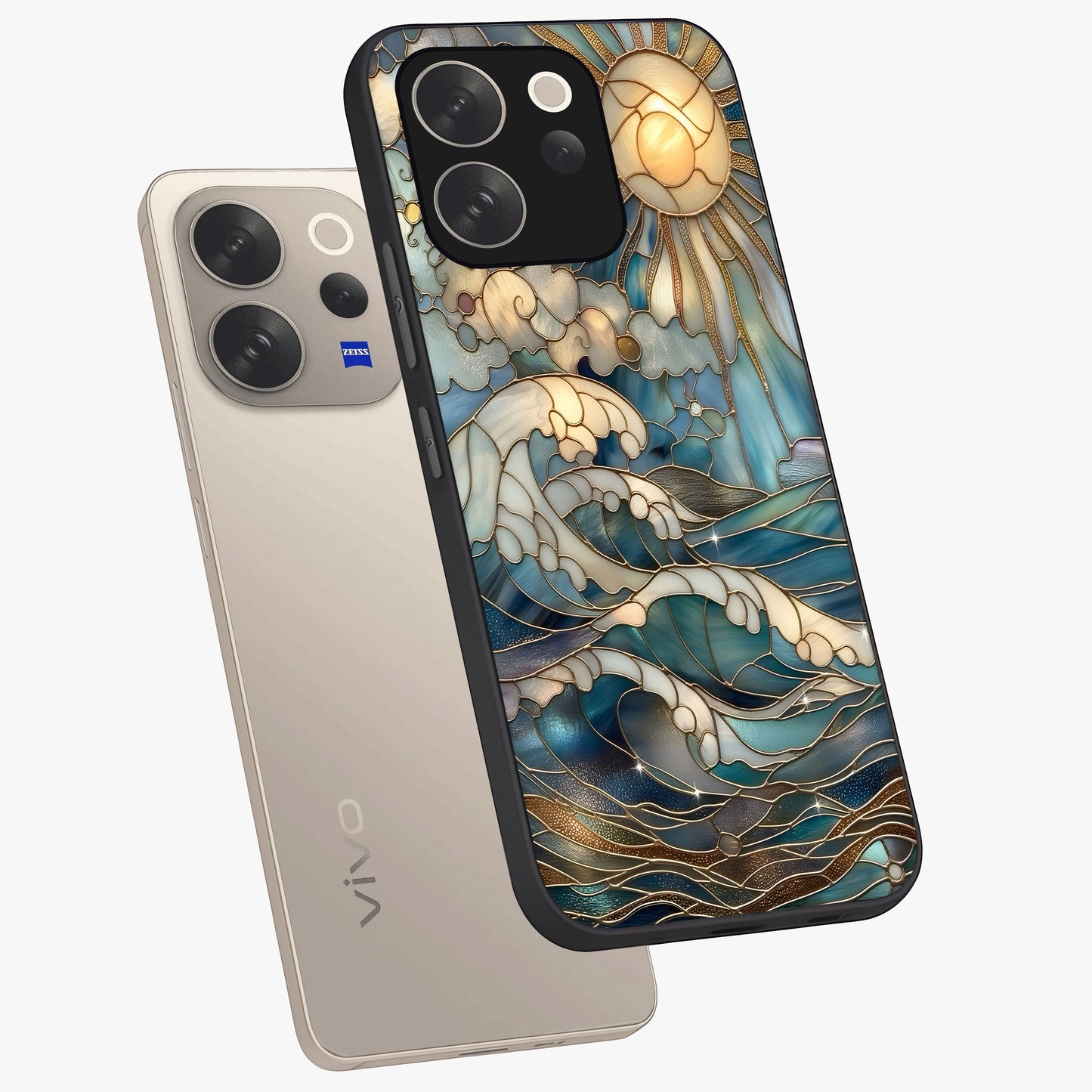 Oceanic Stained Printed Glass Case displayed in angled mockup highlighting colorful aquatic design with artistic aesthetic style.