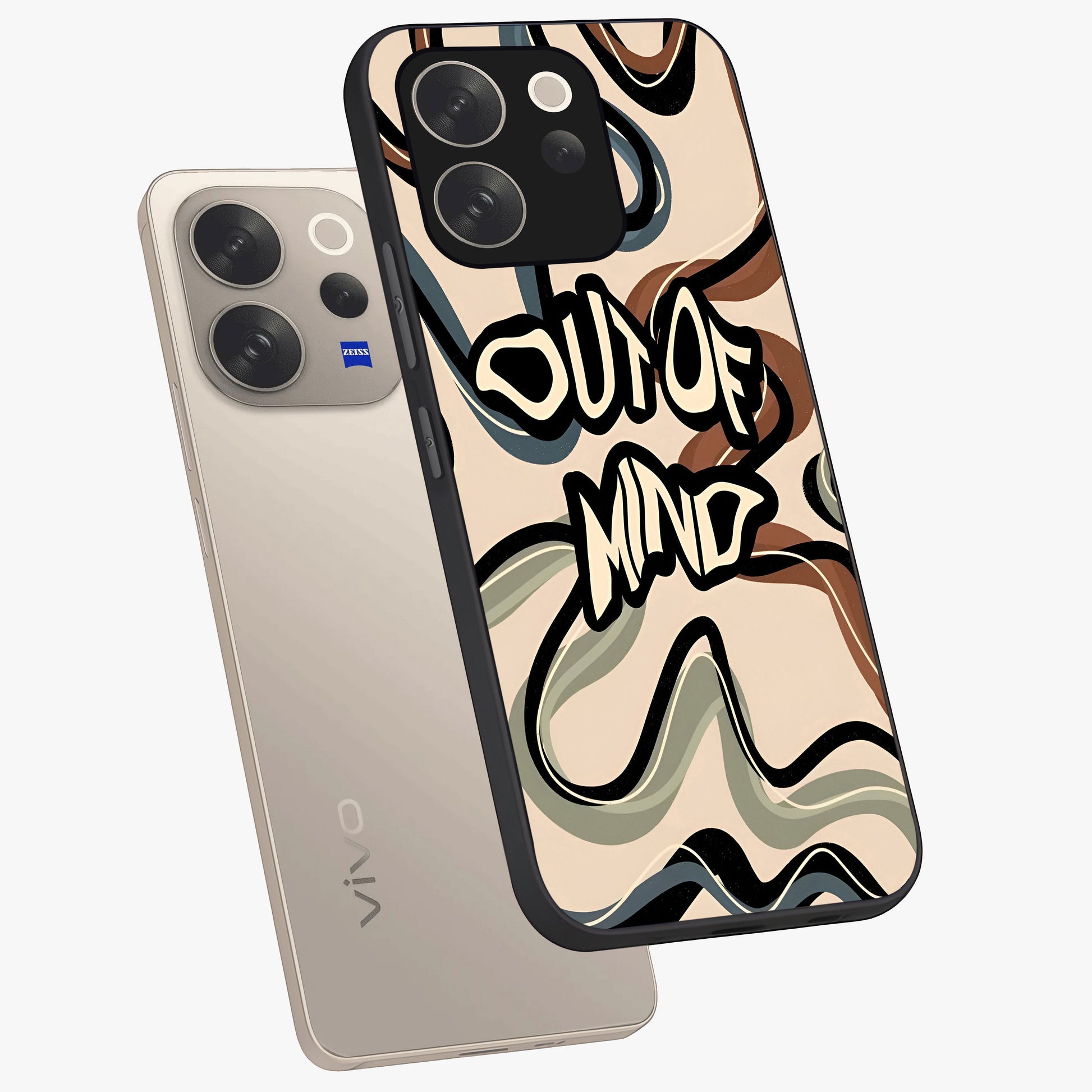 Out Of Mind Glass Case displayed in angled mockup highlighting bold statement design with modern artistic aesthetic.