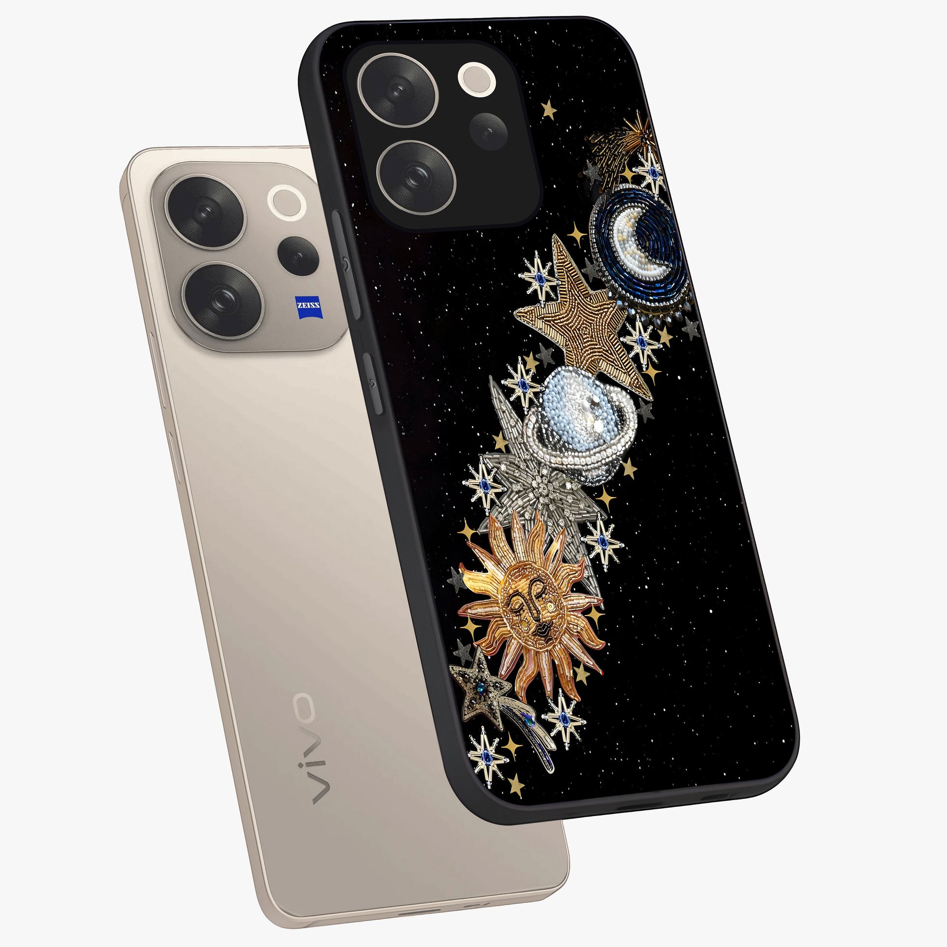 Pearls Universe Object Glass Case displayed in angled mockup highlighting celestial pearl design with dreamy aesthetic.