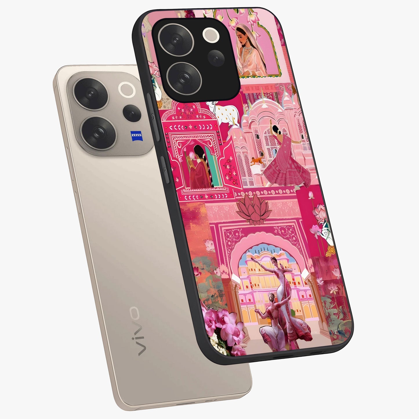 Pink Palace Muse Glass Case displayed in angled mockup highlighting dreamy palace illustration with soft pink aesthetic.