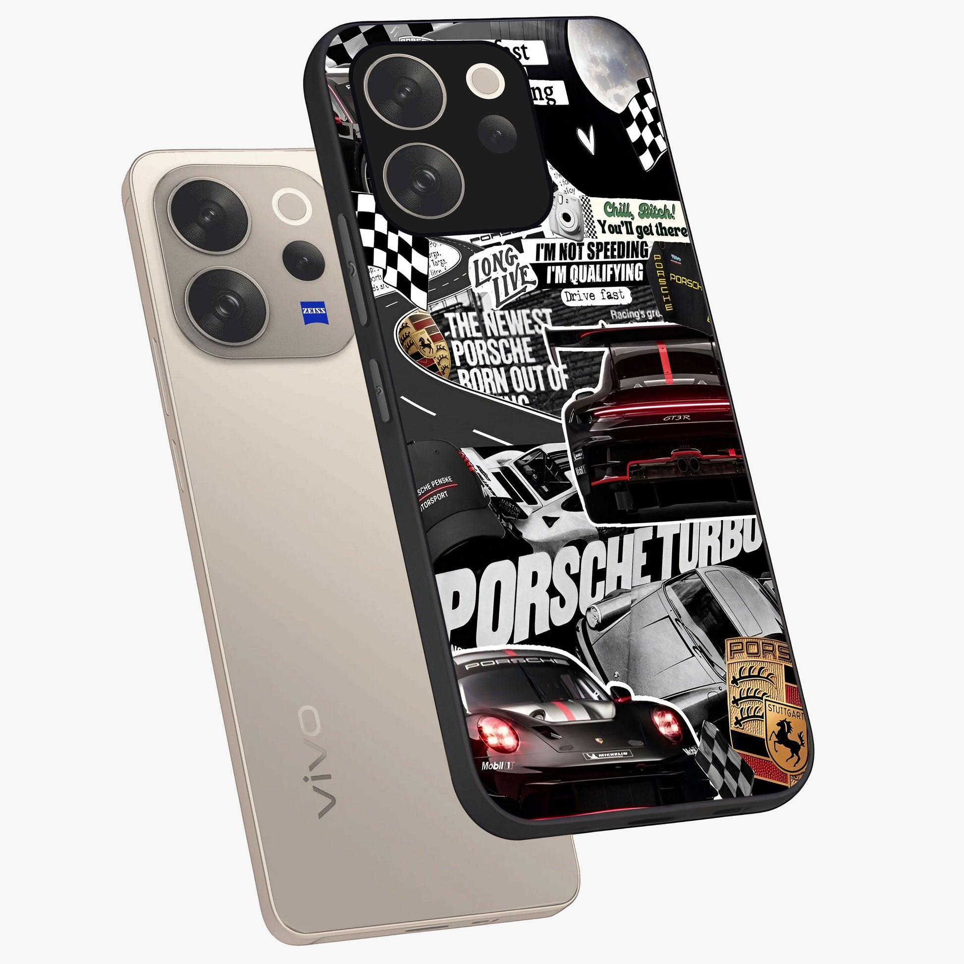 Porsche Racing Collage Glass Case displayed in angled mockup highlighting dynamic automotive design with bold racing aesthetic.