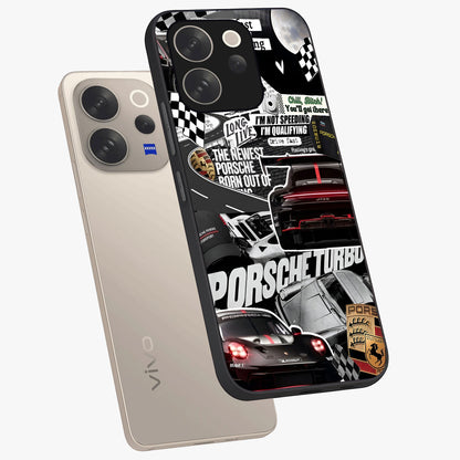 Porsche Racing Collage Glass Case displayed in angled mockup highlighting dynamic automotive design with bold racing aesthetic.