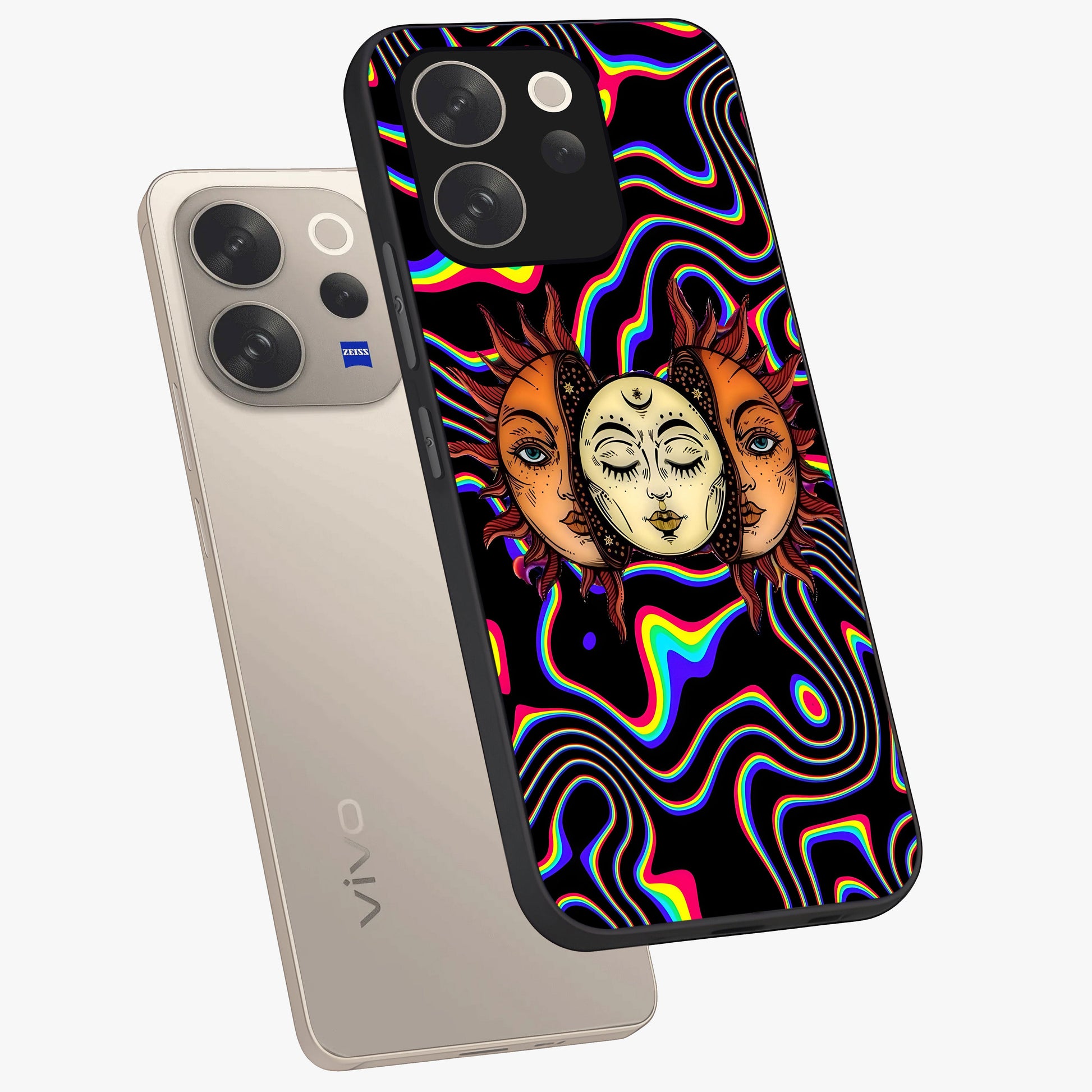Psychedelic Sun Glass Case displayed in angled mockup highlighting vibrant abstract sun design with artistic aesthetic style.