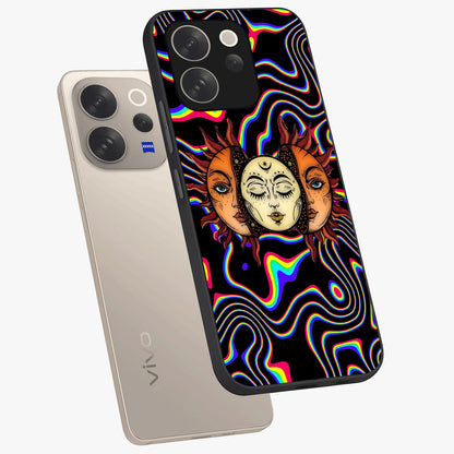 Psychedelic Sun Glass Case displayed in angled mockup highlighting vibrant abstract sun design with artistic aesthetic style.