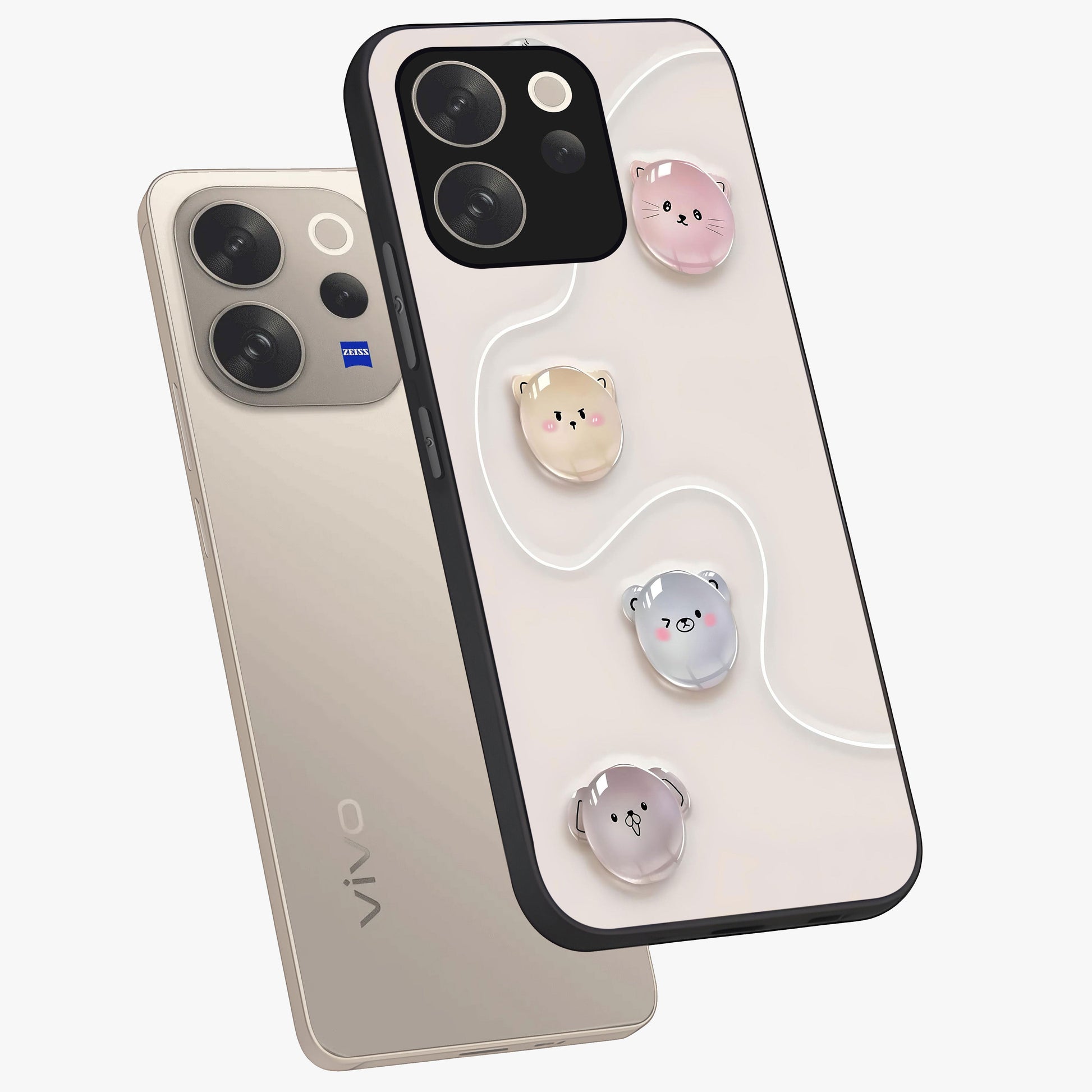 Puffy Face Parade Glass Case displayed in angled mockup highlighting playful cartoon face design with fun aesthetic.