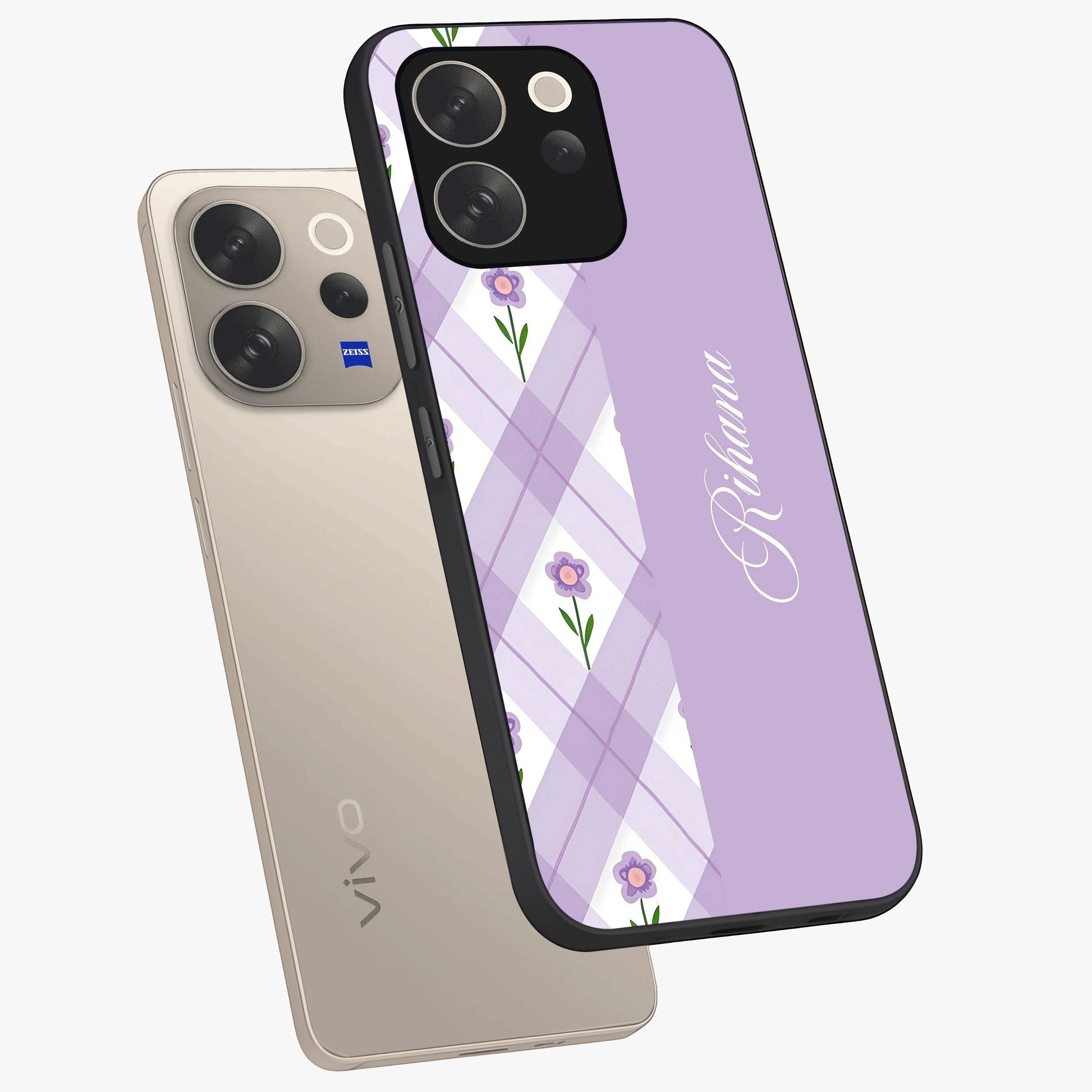 Purple Diamond Floral Glass Case displayed in angled mockup highlighting elegant purple flower design with decorative pattern.