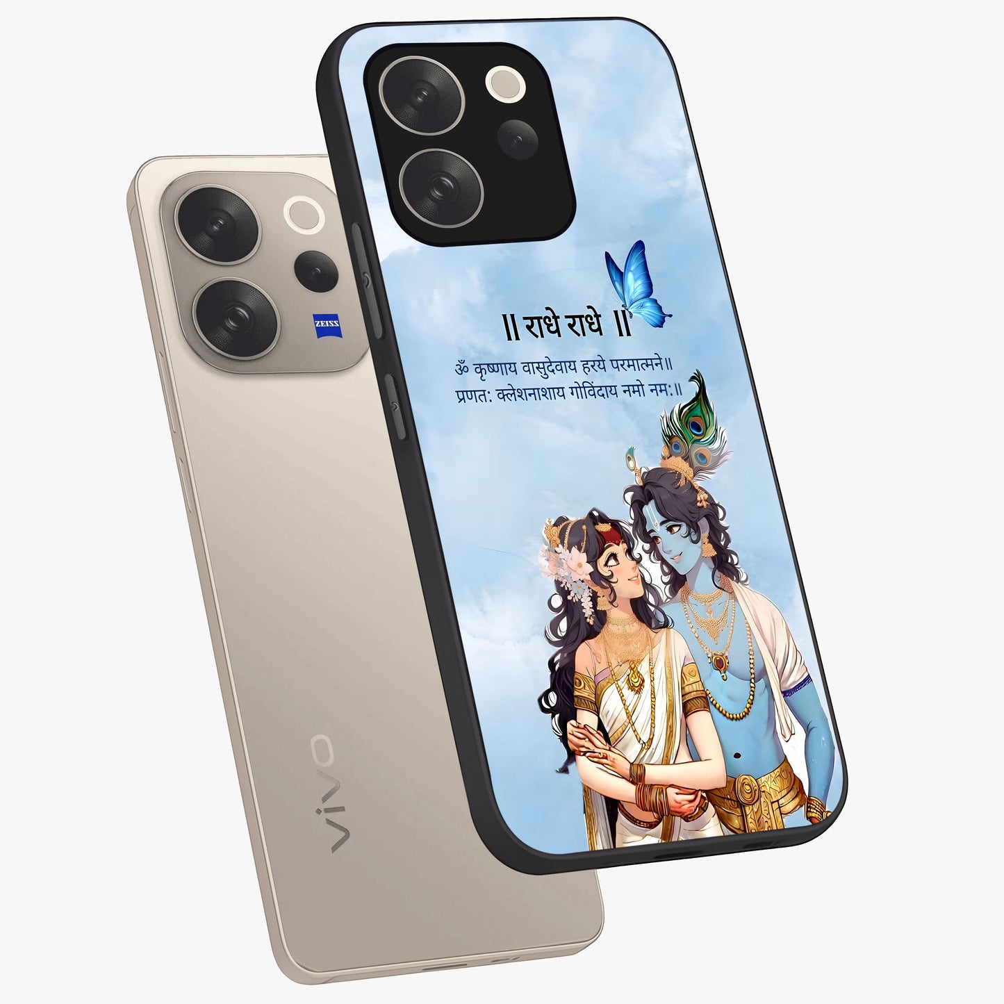 Radha Krishna Eternal Glass Case displayed in angled mockup highlighting divine Radha Krishna illustration with spiritual aesthetic.