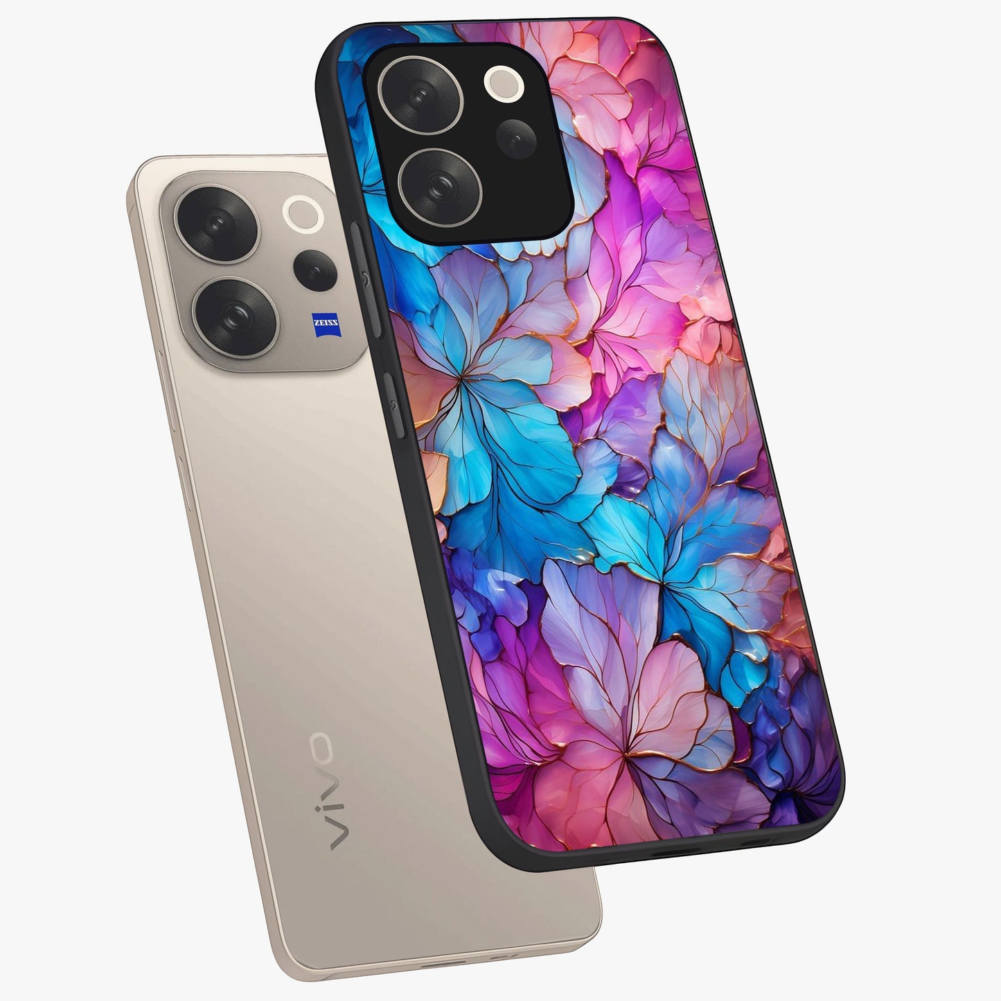Radiant Floral Whirl Glass Case displayed in angled mockup highlighting vibrant flower pattern with dynamic artistic aesthetic.