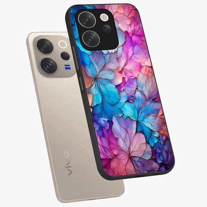 Radiant Floral Whirl Glass Case displayed in angled mockup highlighting vibrant flower pattern with dynamic artistic aesthetic.