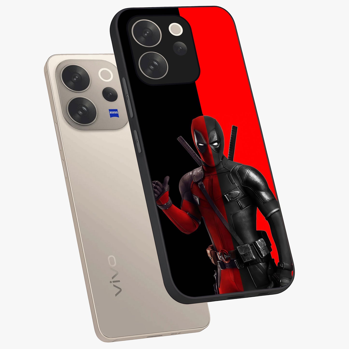 Red & Black Deadpool Theme Glass Case displayed in angled mockup highlighting vibrant superhero style illustration with action aesthetic.