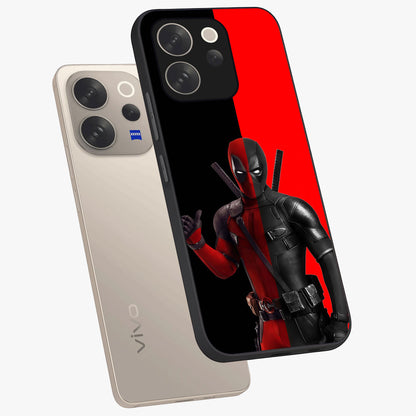 Red & Black Deadpool Theme Glass Case displayed in angled mockup highlighting vibrant superhero style illustration with action aesthetic.