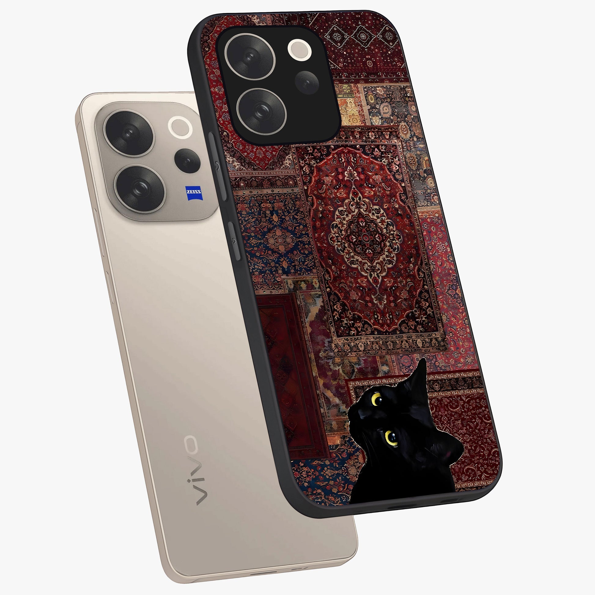Regal Magic Cat Apple Glass Case displayed in angled mockup highlighting whimsical feline design with fantasy aesthetic.